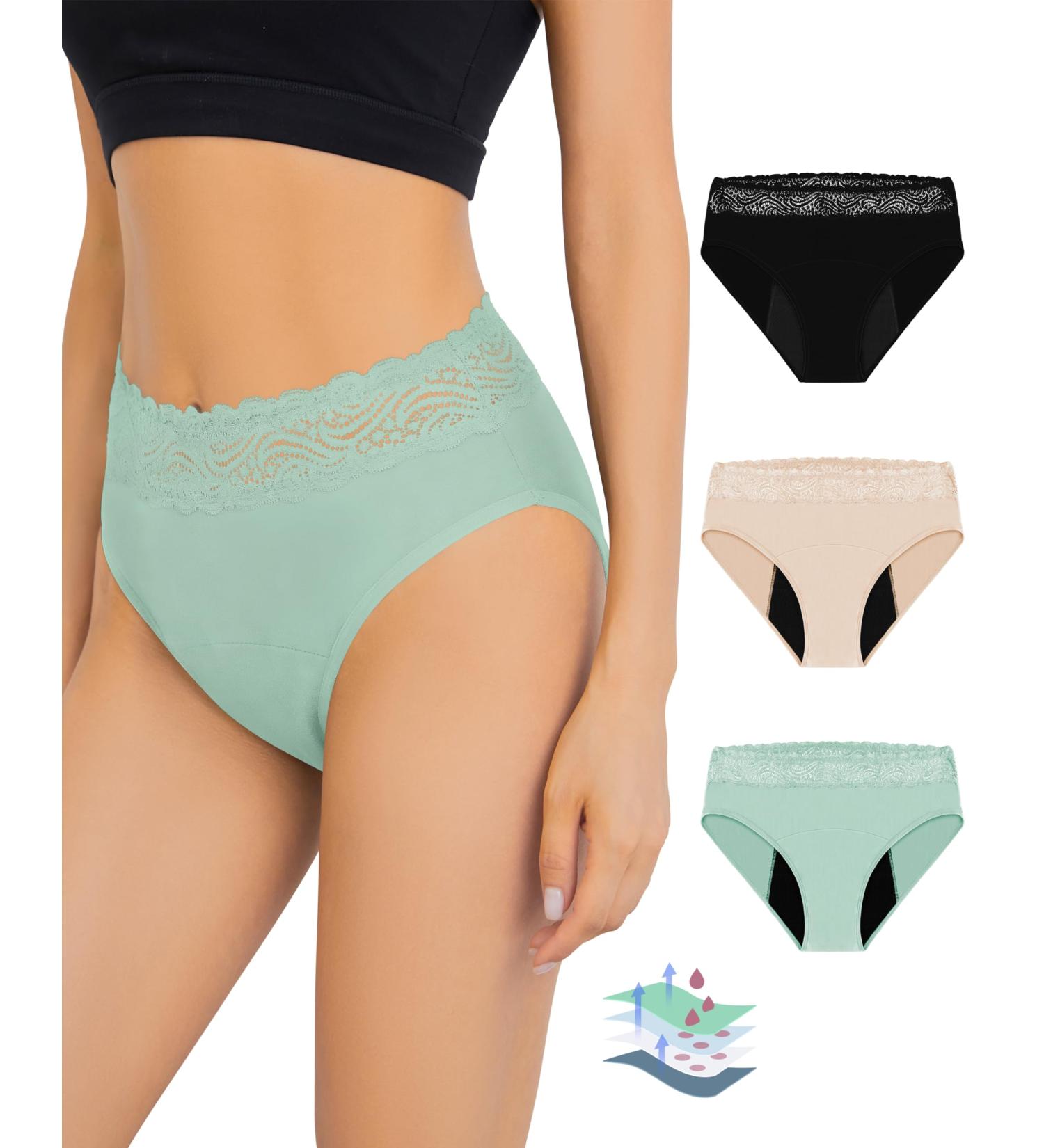 Leovqn Lace Trim Period Pants for Women - Heavy Flow Menstrual Underwear | Leakproof Postpartum Briefs S - Black/Mint Green/Nude - Buy Online on GoSupps.com