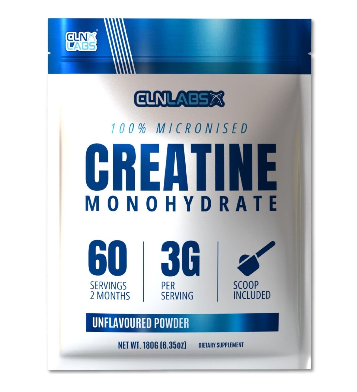 CLN Labs Creatine Monohydrate Powder 180g - 60 x 3g Servings | 200 Mesh Fine Grade Pure Powder | Easy Mixing & Unflavoured | Made in UK | Includes Scoop - Buy Online on GoSupps.com