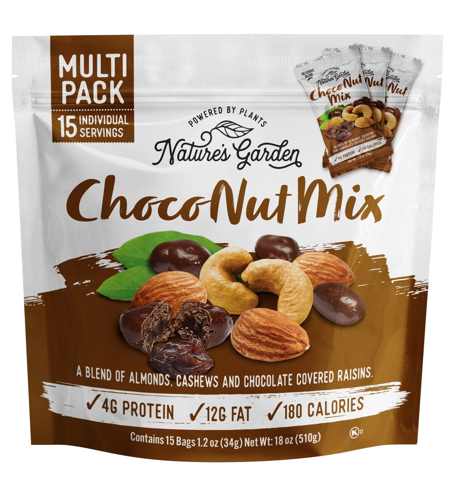 Nature's Garden Choco Nut Mix, Chocolate Covered Raisins, Nut Mix, Almonds, Cashews, Cholesterol Free, Sodium Free, No Artificial Ingredients  1.2 Oz Bags (15 Individual Servings)