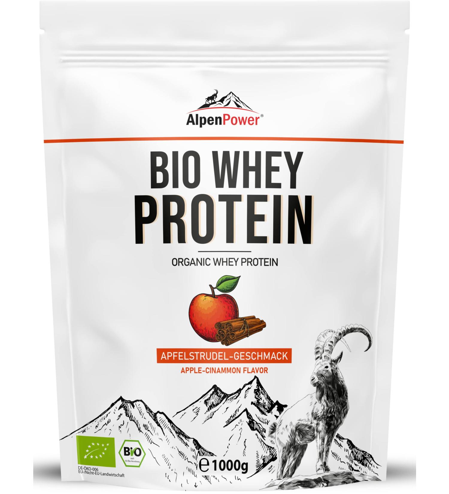 Alpenpower Bio Whey Protein Apple Strudel 1 kg - 100% Natural & Additive-Free CFM Protein Powder from Organic Alpine Milk - Buy Online on GoSupps.com