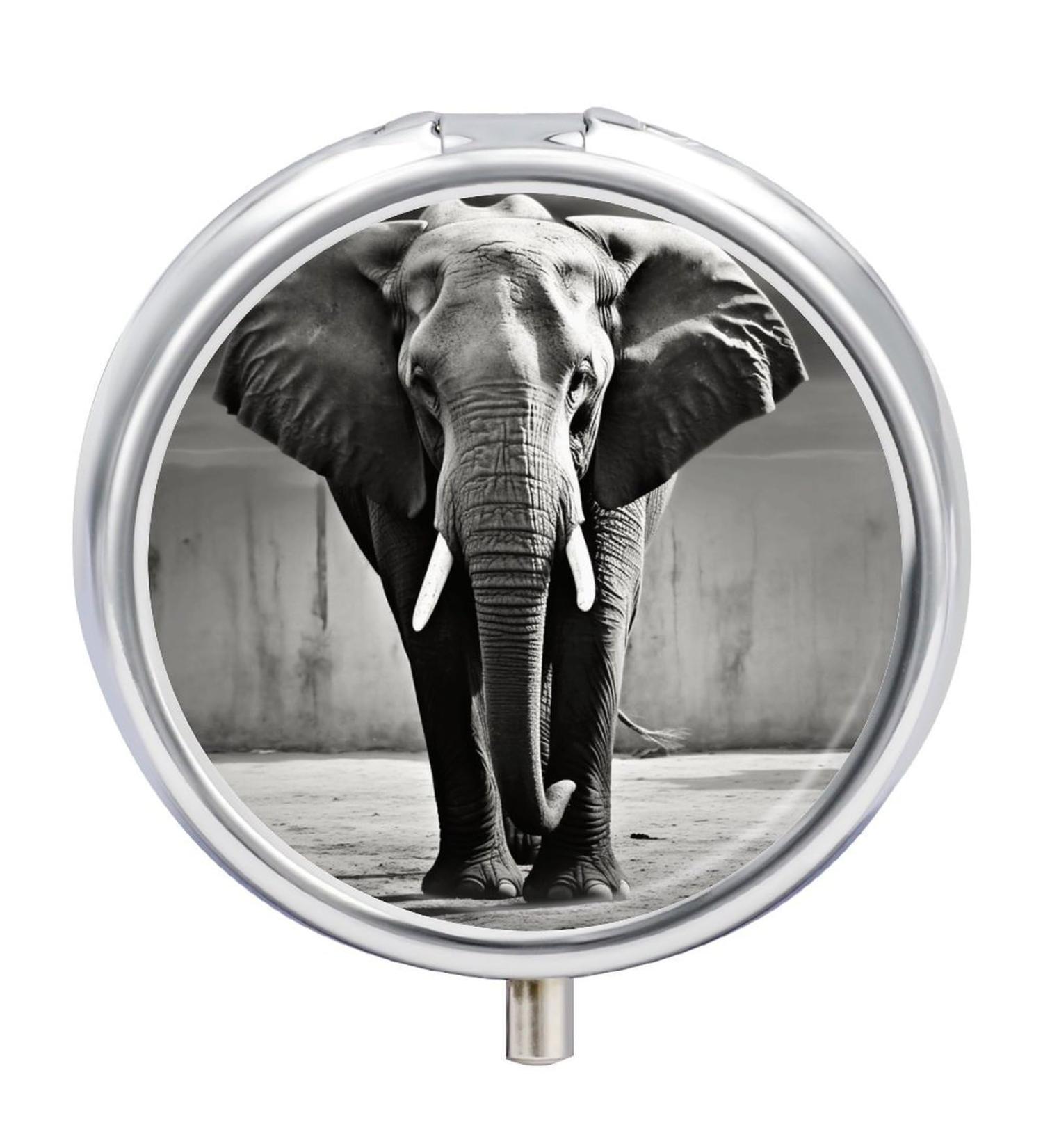 Round Black & White Elephant Print Pill Box | 3-Compartment Portable Medicine Organizer | Stylish Metal Pocket Pill Case - Buy Online on GoSupps.com
