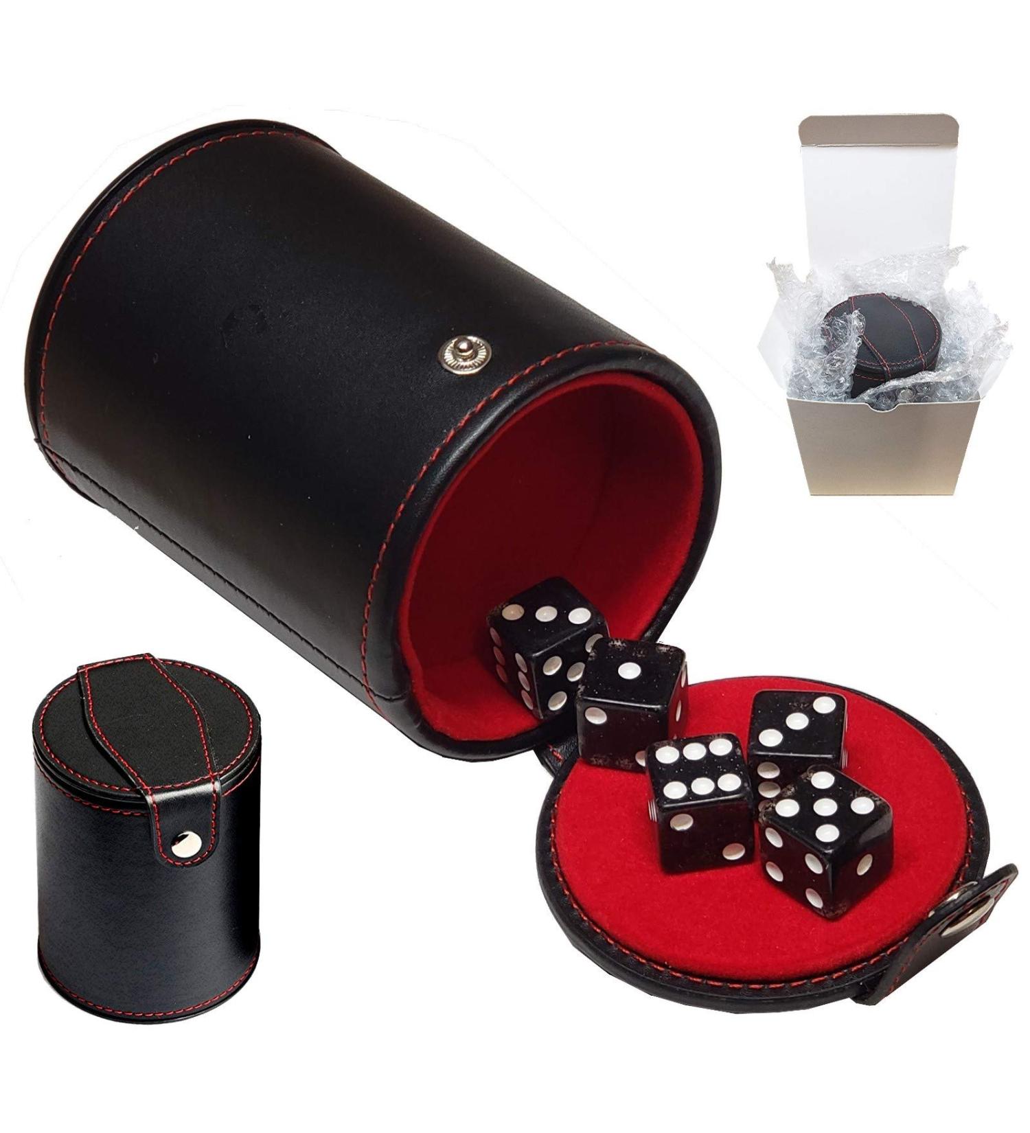 Black PU Leather Dice Cup Set with Storage Compartment + 5 Transparent Dice - Gift Boxed (Black Glitter) - Buy Online on GoSupps.com