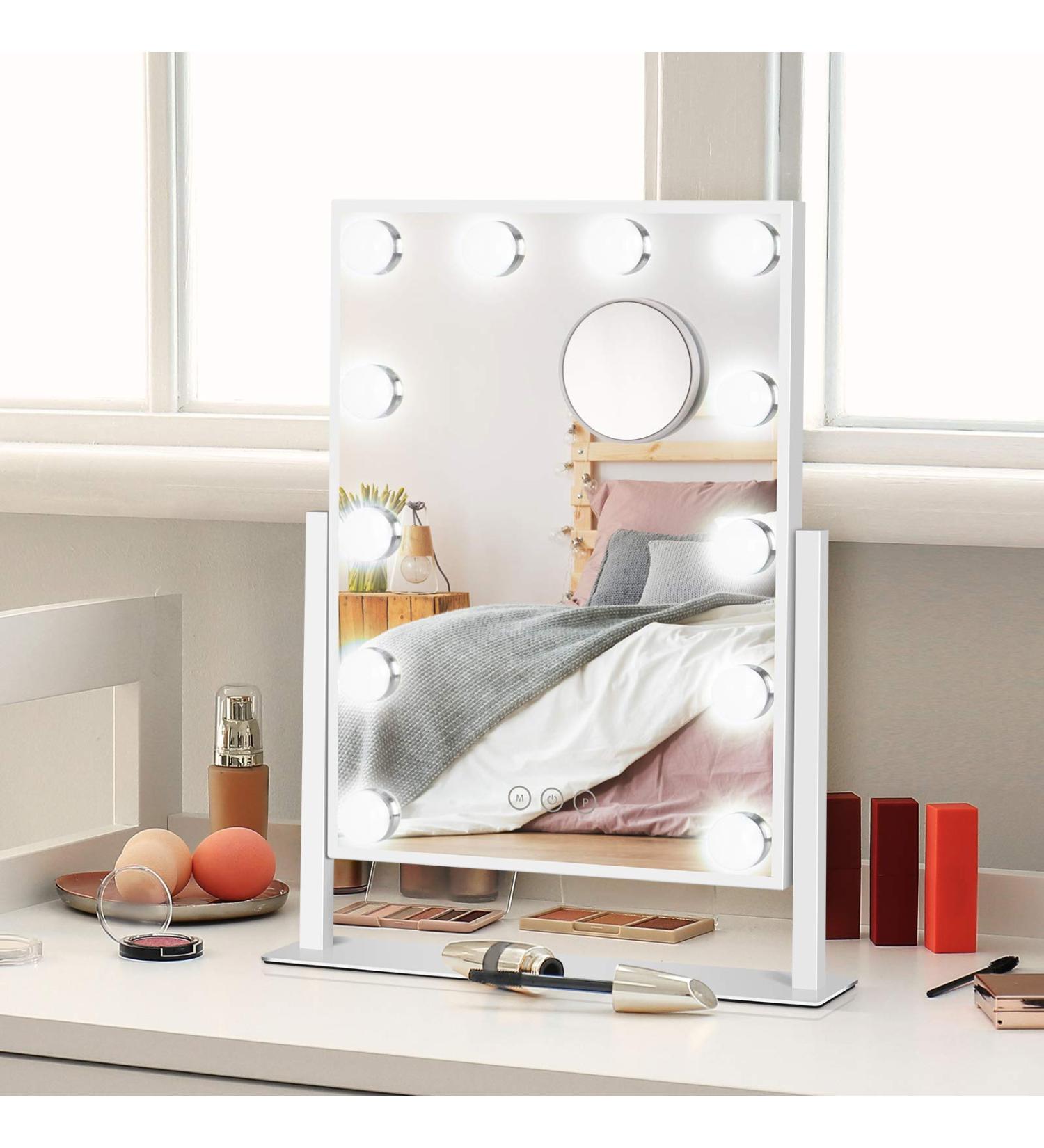 HUONUL Hollywood Makeup Mirror with Lights - 12 LED Bulbs, Dimmable, Large Lighted, 3 Colors Lighting, 10X Magnifying, Touch Control - Buy Online on GoSupps.com
