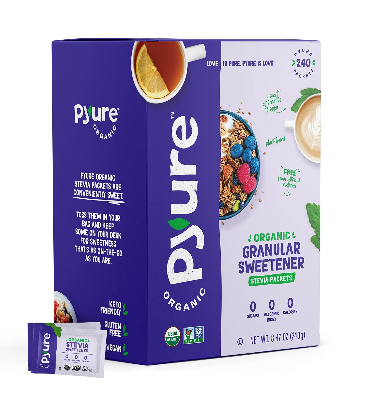 Pyure Organic Stevia Packets - White Sugar Substitute | Zero Carb, Zero Sugar, Zero Calorie Sweetener | 240 Count Pack for Keto Coffee - Buy Online on GoSupps.com