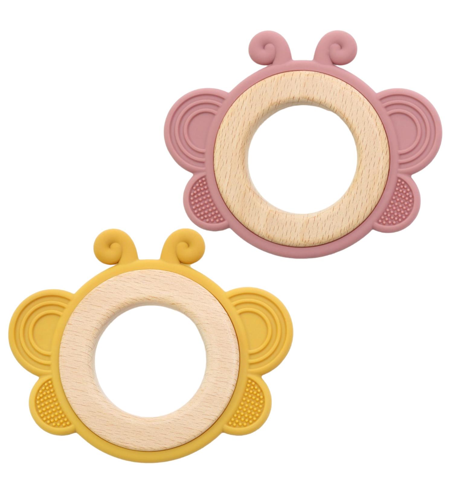 Gigi Kids Baby Butterfly Bite Rings Set - 100% BPA-Free Silicone & Beech Wood Teething Toys for 3 Months + - Pink Yellow & Dark Pink - Buy Online on GoSupps.com