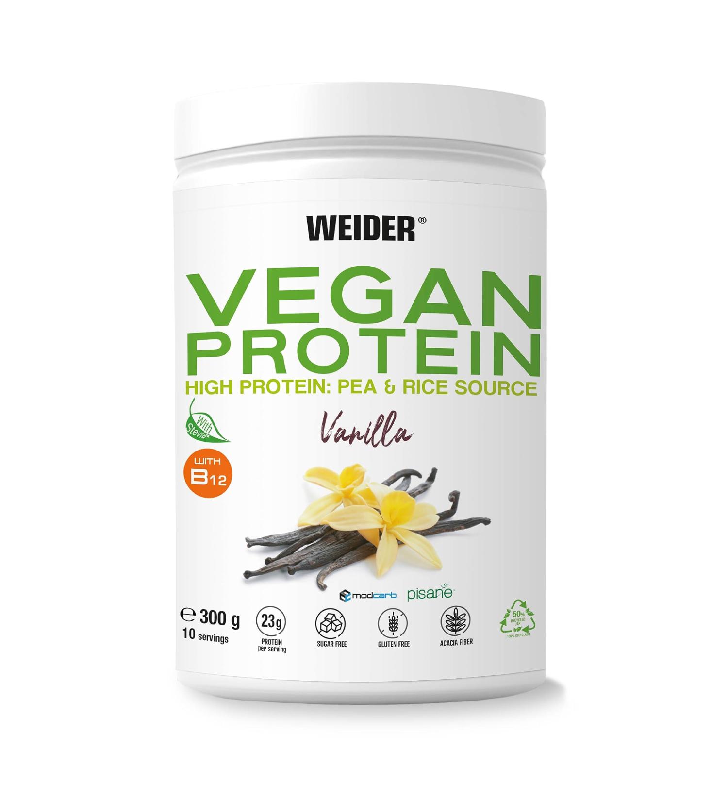 Weider Vegan Protein 300g - Vanilla Flavor | 23g Protein Gluten-Free Sugar-Free with B12 & Stevia Eco-Friendly Packaging - Buy Online on GoSupps.com