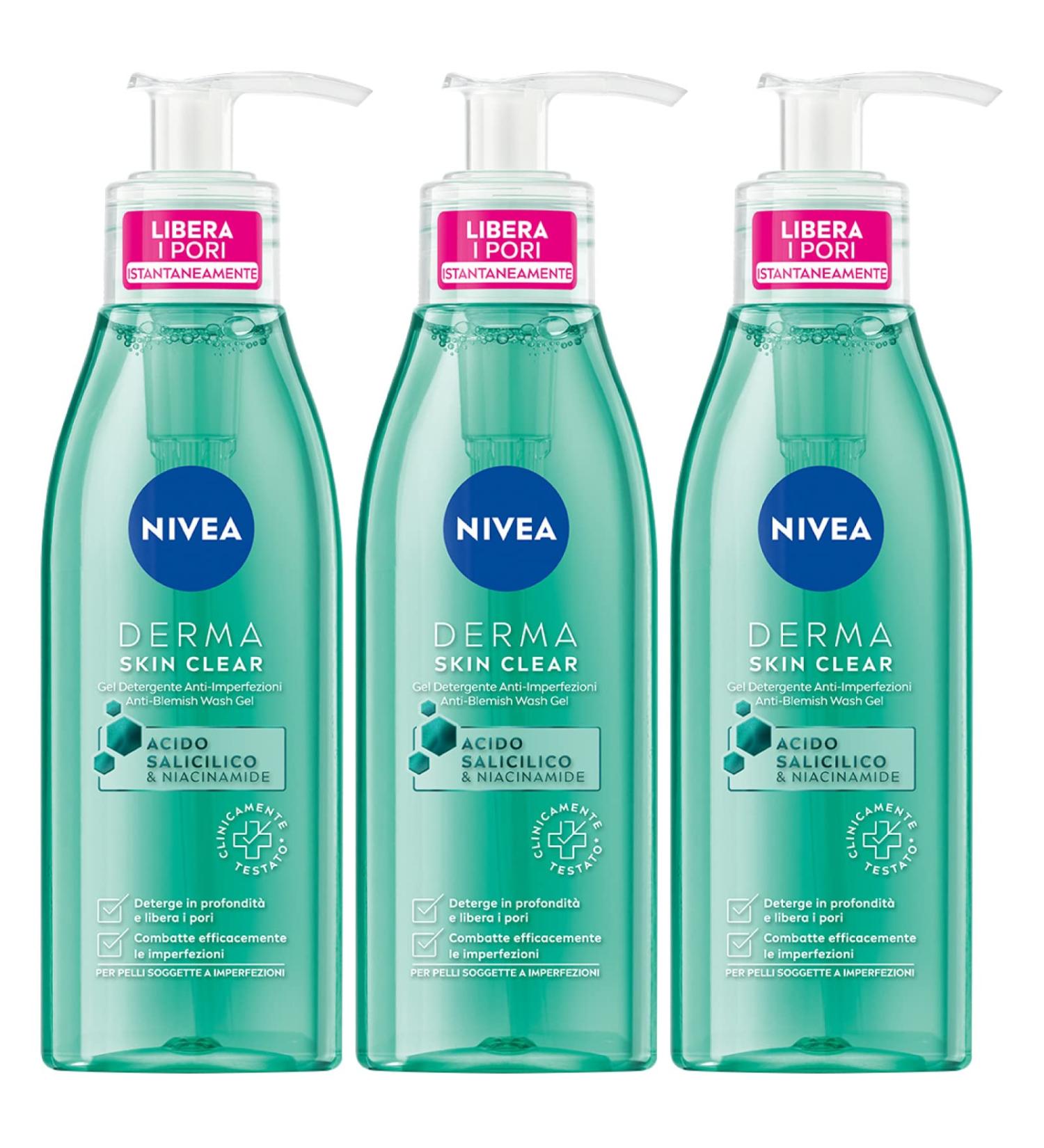  NIVEA Nivea Derma Skin Clear Anti-Blemish Facial Cleansing Gel Vegan Formula with Salicylic Acid and Niacinamide to Remove Excess Oil Against Impurities and Blackheads - 3 x 150ml Bottles - Buy Online on GoSupps.com
