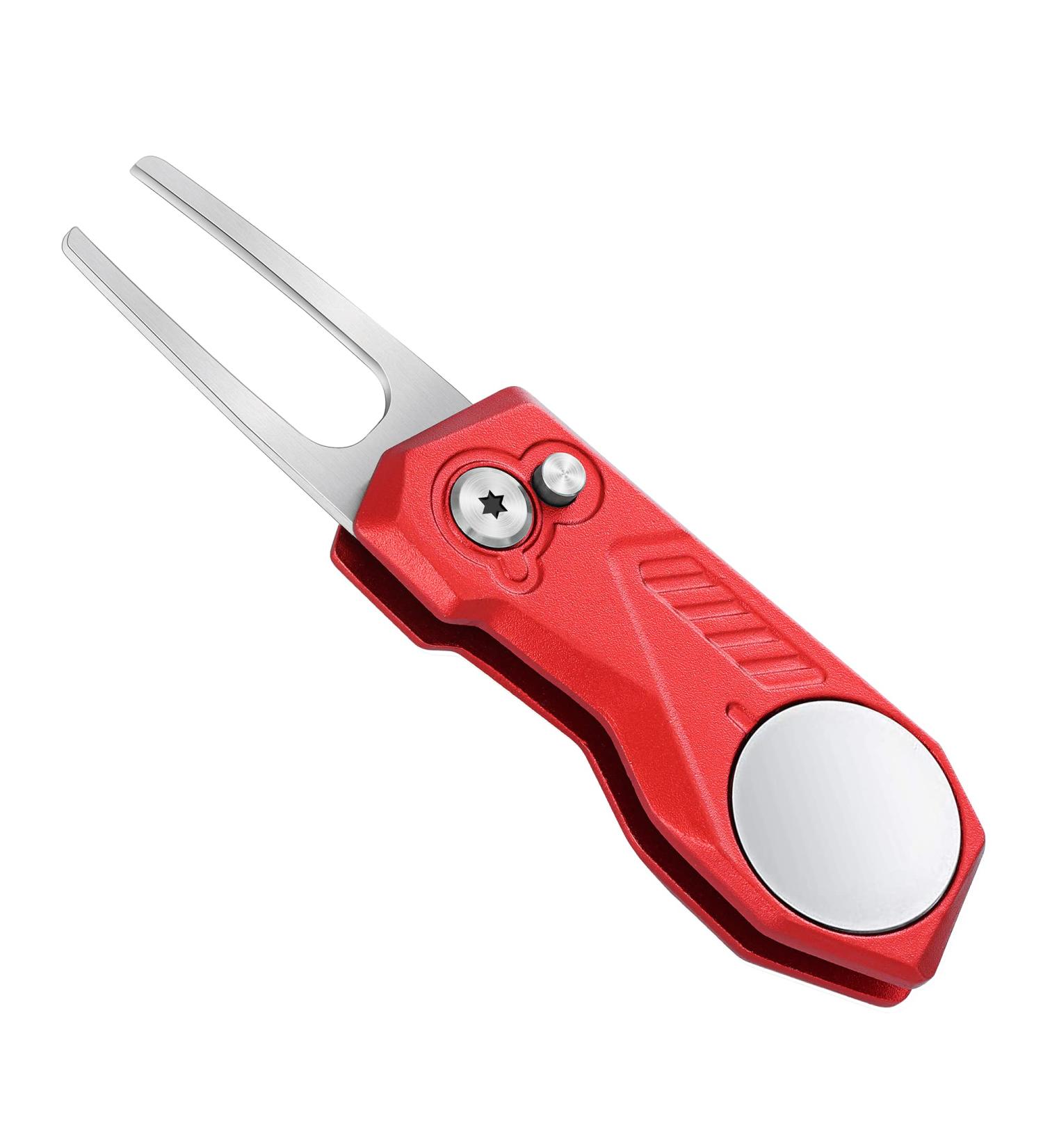 Mile High Life Golf Divot Repair Tool with Magnetic Ball Marker | Foldable All Metal Design with Pop-up Button | Men's Golf Accessories - G-Red - Buy Online on GoSupps.com