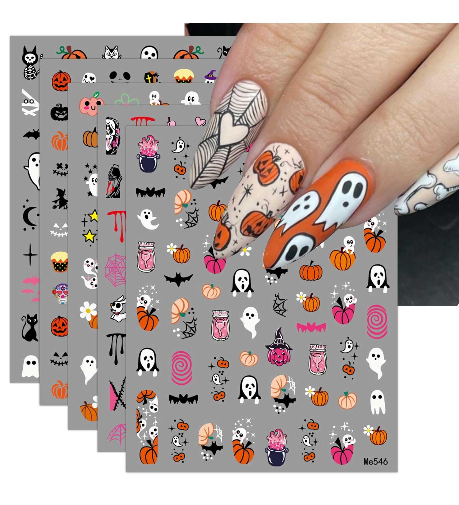 Halloween Nail Stickers 12 Sheets Self-Adhesive Nail Decal Pumpkin Cobweb Ghosts Nail Art Decoration Design Supplies - Buy Online on GoSupps.com