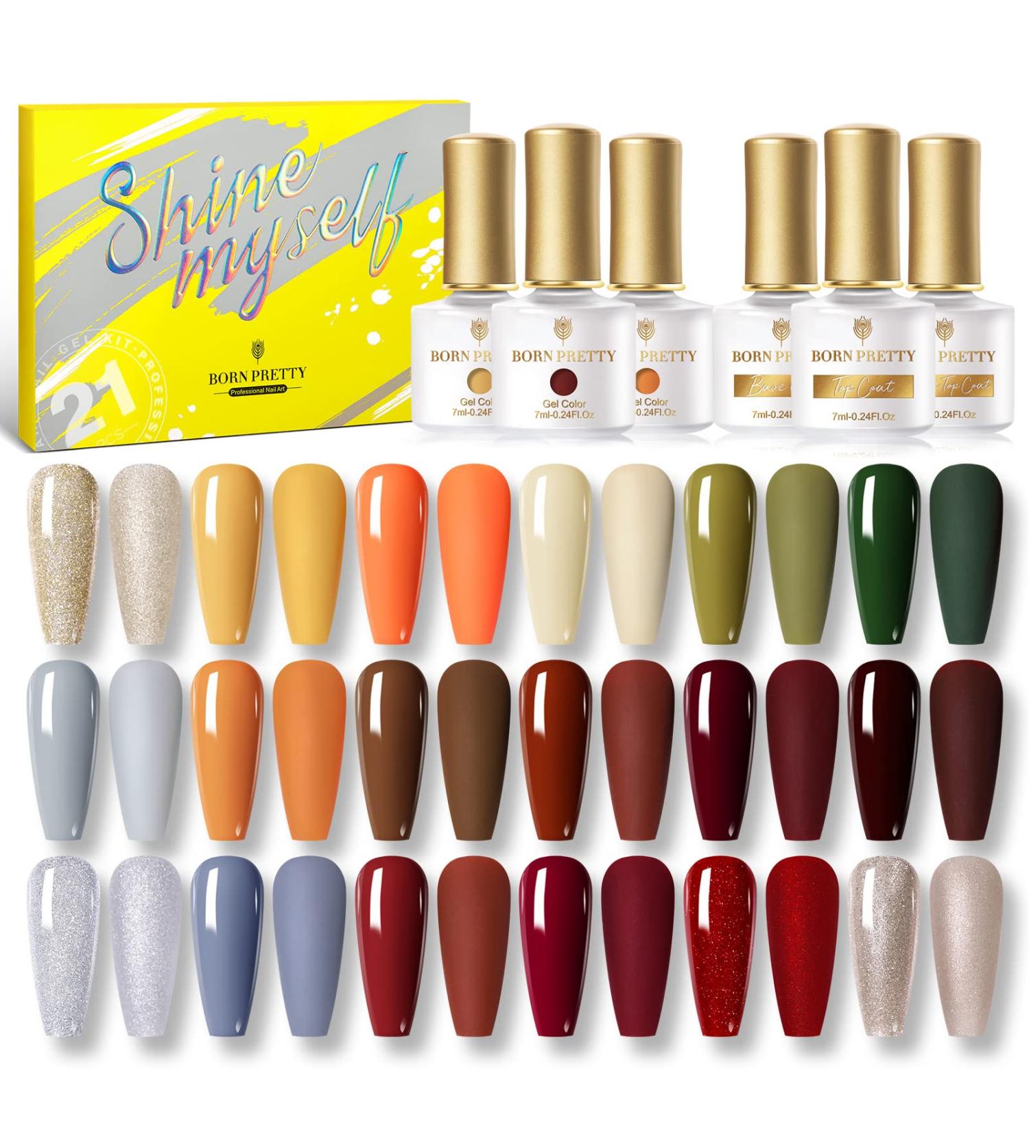 BORN PRETTY Fall Winter Gel Nail Polish Set - 21PCS Wine Red Orange Pumpkin Gray Green Colors Collection with Base&Top Coats - Caramelized Pumpkin Gel Series 7ML - Perfect Gift Set - Buy Online on GoSupps.com
