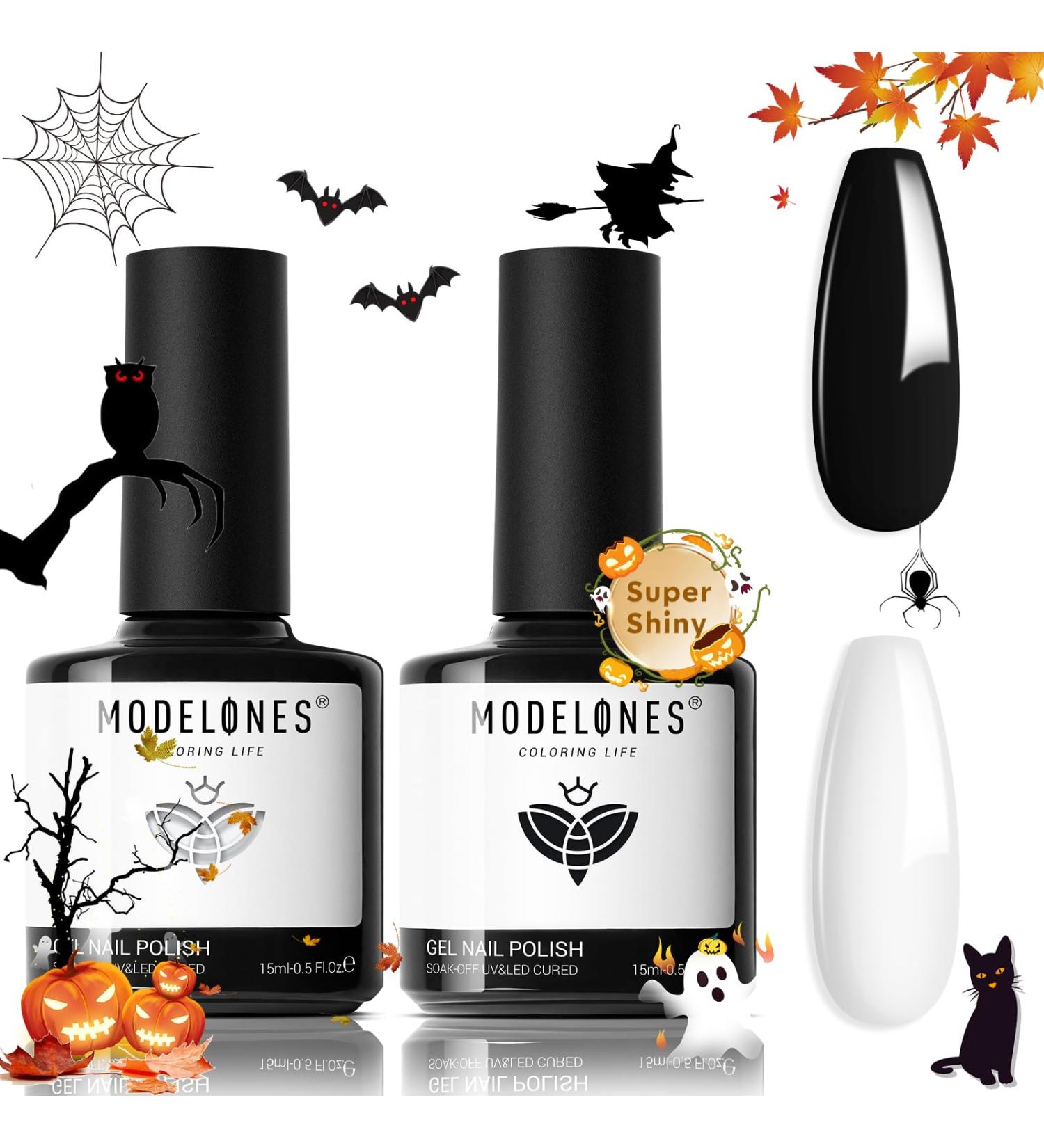 Modelones Gel Nail Polish Set - 2 Pcs (15 ML) Black & White Soak Off LED - Perfect for Halloween Nail Art - Ideal Home Gift for Women & Girls - Buy Online on GoSupps.com