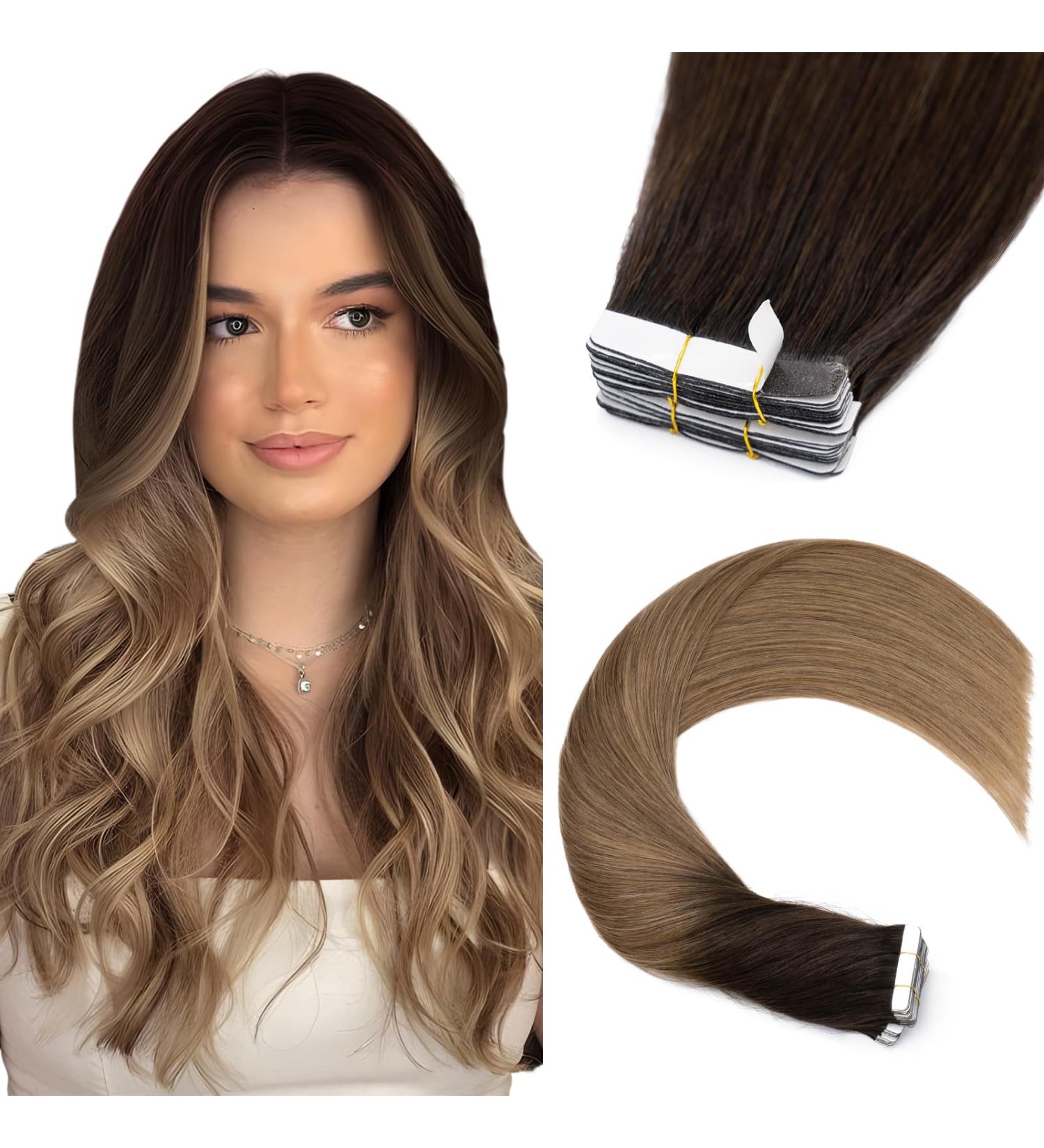 Elailite Tape Extensions - 20 PCS Real Remy Human Hair Adhesive Tapes 35cm #2T6 Dark Brown Ombre to Light Brown - Buy Online on GoSupps.com