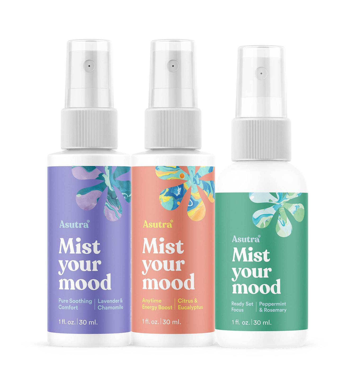 ASUTRA Premium Aromatherapy Mist Sampler Set - 100% Natural & Organic Essential Oil Blends - Uplifting, Invigorating, Revitalizing - 3 Pack, 1oz Bottles - Buy Online on GoSupps.com