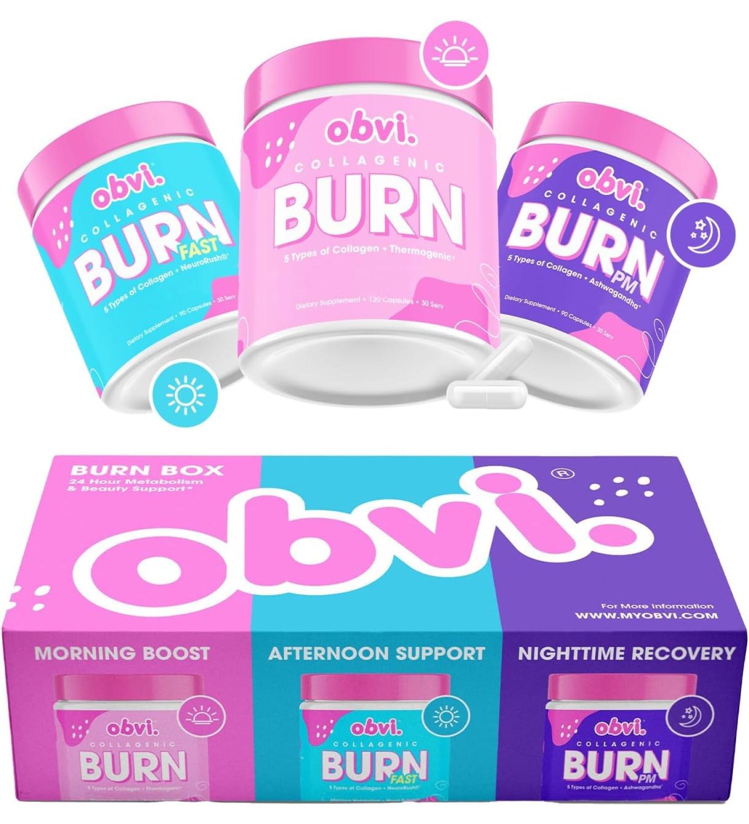 Obvi Burn Box Bundle 24-Hour Support System with 5 Types of Collagen for Wellness Recovery and Vitality Hydrolyzed Collagen Peptides Green Tea Extract and Ashwagandha for Overall Health - Buy Online on GoSupps.com