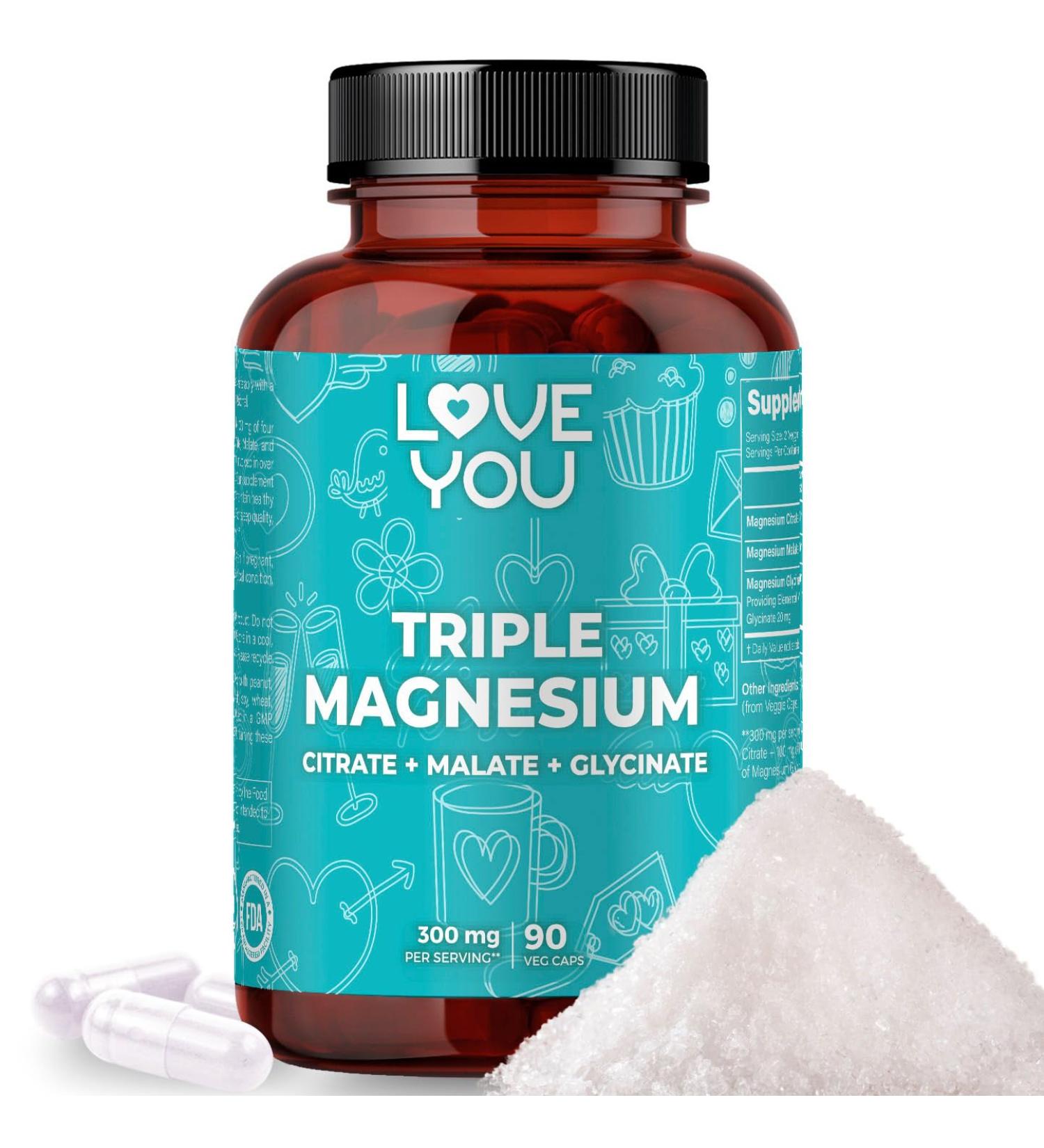Love You Triple Magnesium Complex 300mg per Serving, Premium Magnesium Glycinate, Citrate & Malate High Absorption for Muscle, Nerve & Sleep Support, 90 Veggie Capsules Made in USA - Buy Online on GoSupps.com
