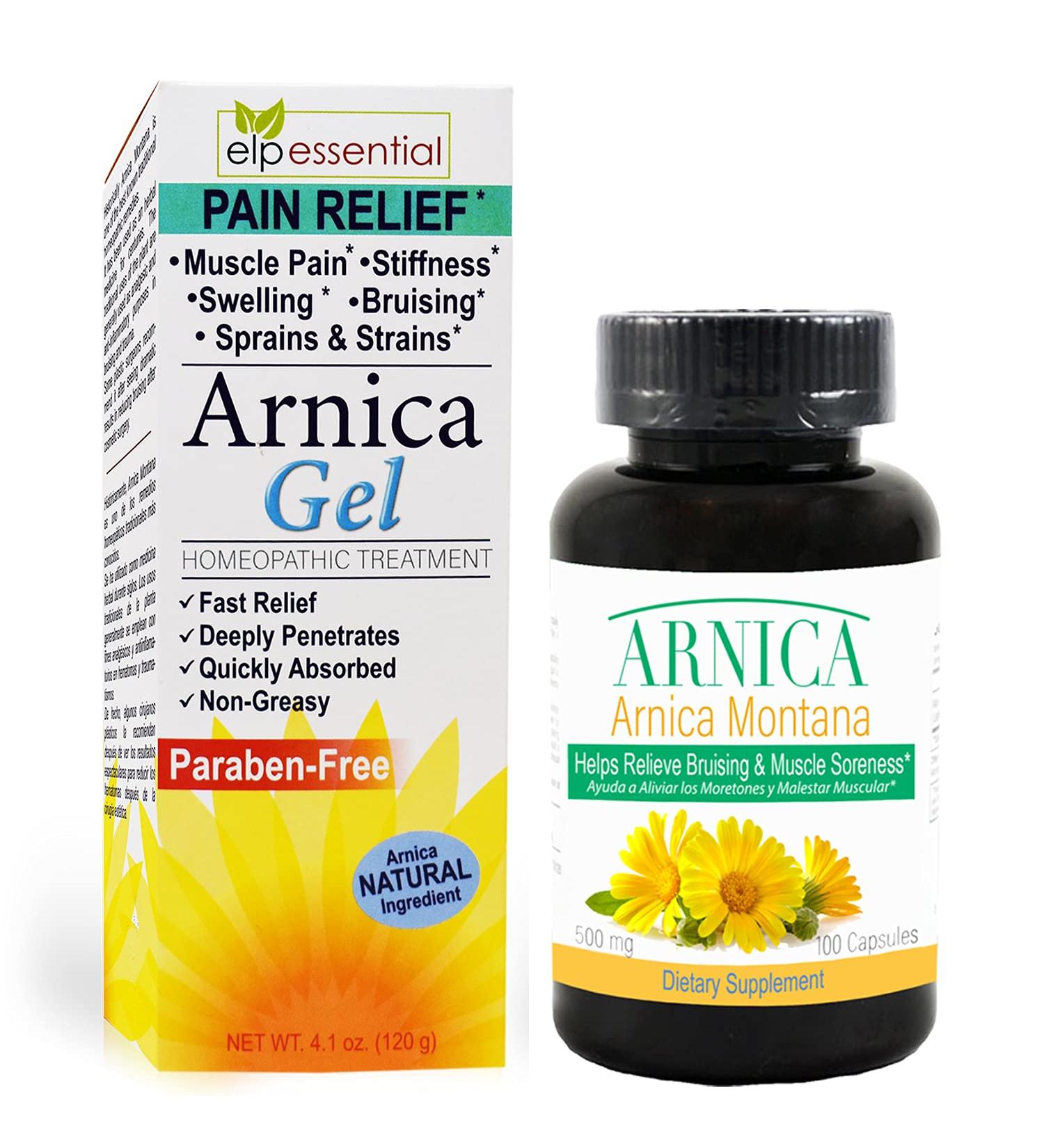 Buy ELP ESSENTIAL Arnica Montana Capsules 500mg - 100 Capsules + Arnica Gel 4.1oz - Fast International Shipping - Buy Online on GoSupps.com