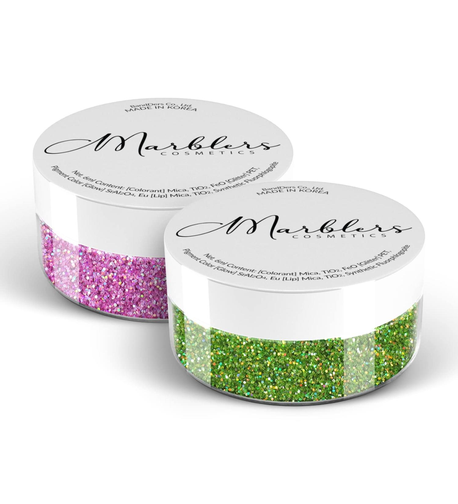 MARBLERS Cosmetic Grade Fine Glitter Duo Holo Green Apple & Bubblegum 10g - Vegan, Non-Toxic Glitter for Festival Makeup & Nail Art - Buy Online on GoSupps.com