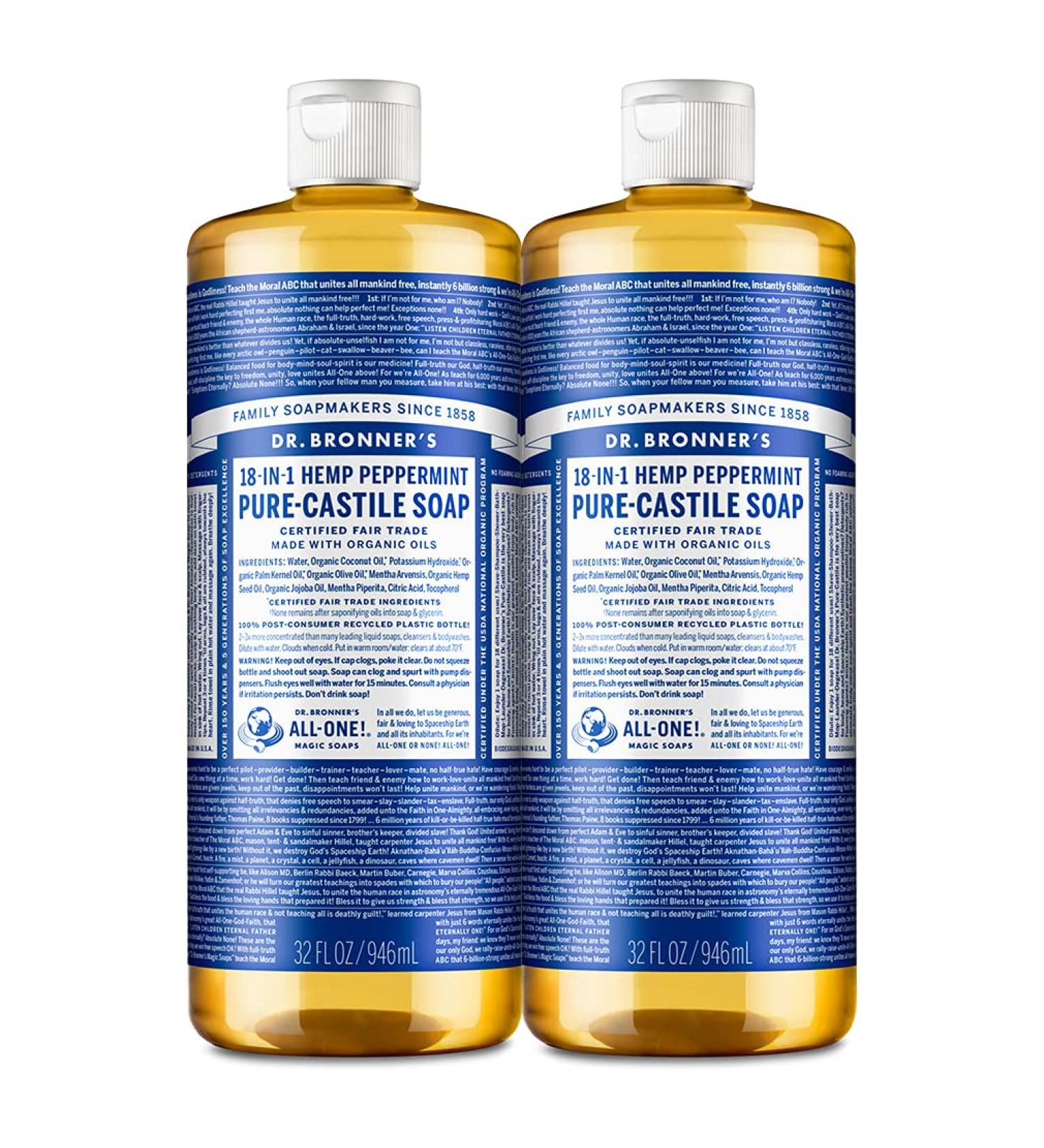 Dr. Bronners Peppermint Pure-Castile Liquid Soap 32oz 2-Pack - Organic 18-in-1 Soap for Face, Body, Hair, Laundry, Pets & Dishes - Concentrated, Vegan, Non-GMO - 32 Fl Oz (Pack of 2) - Buy Online on GoSupps.com