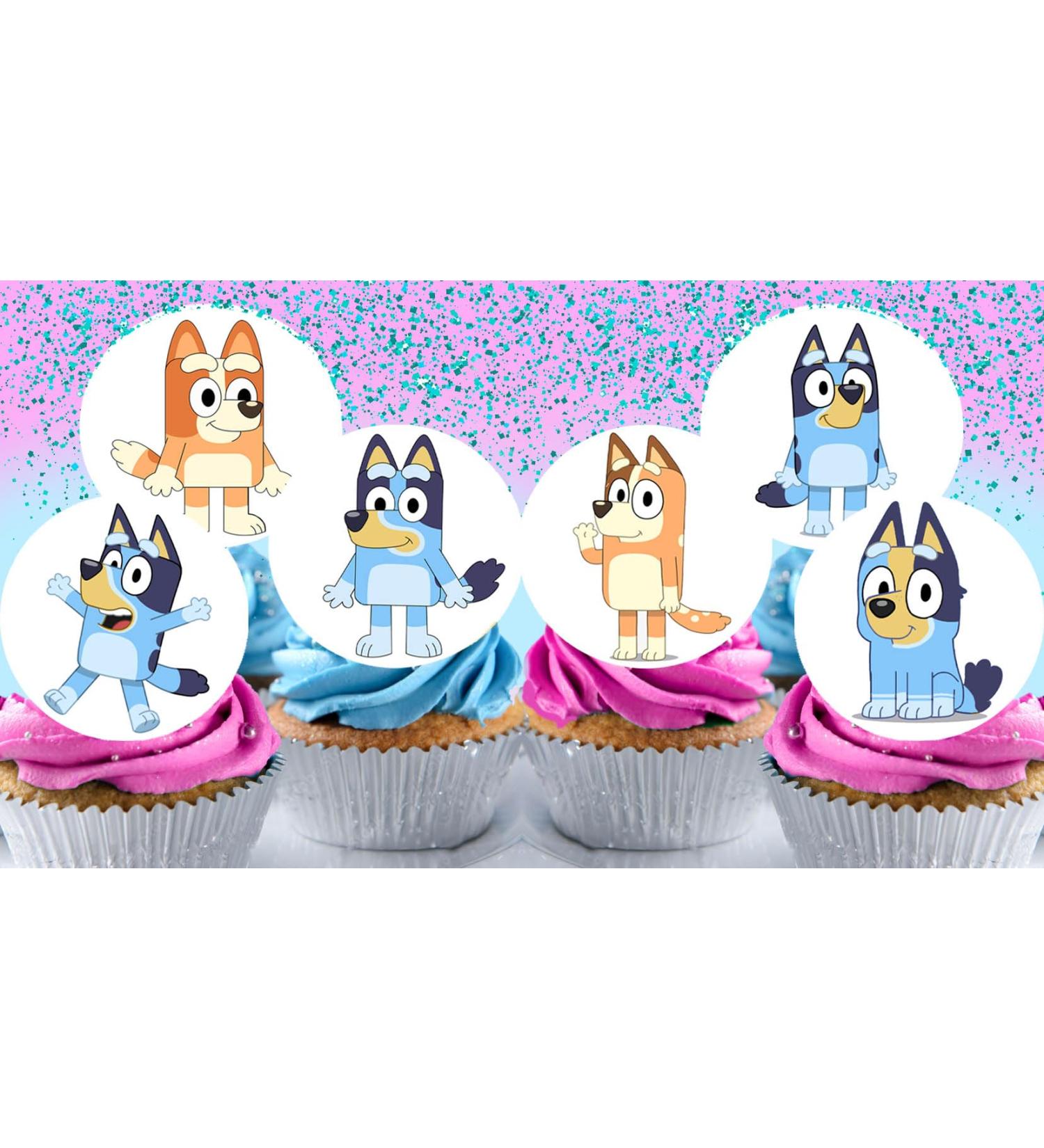 24 x Pre-Cut Bluey 5 Edible Stand up Wafer Paper Cupcake Toppers Cake Decorations Birthday Party Blue Dog