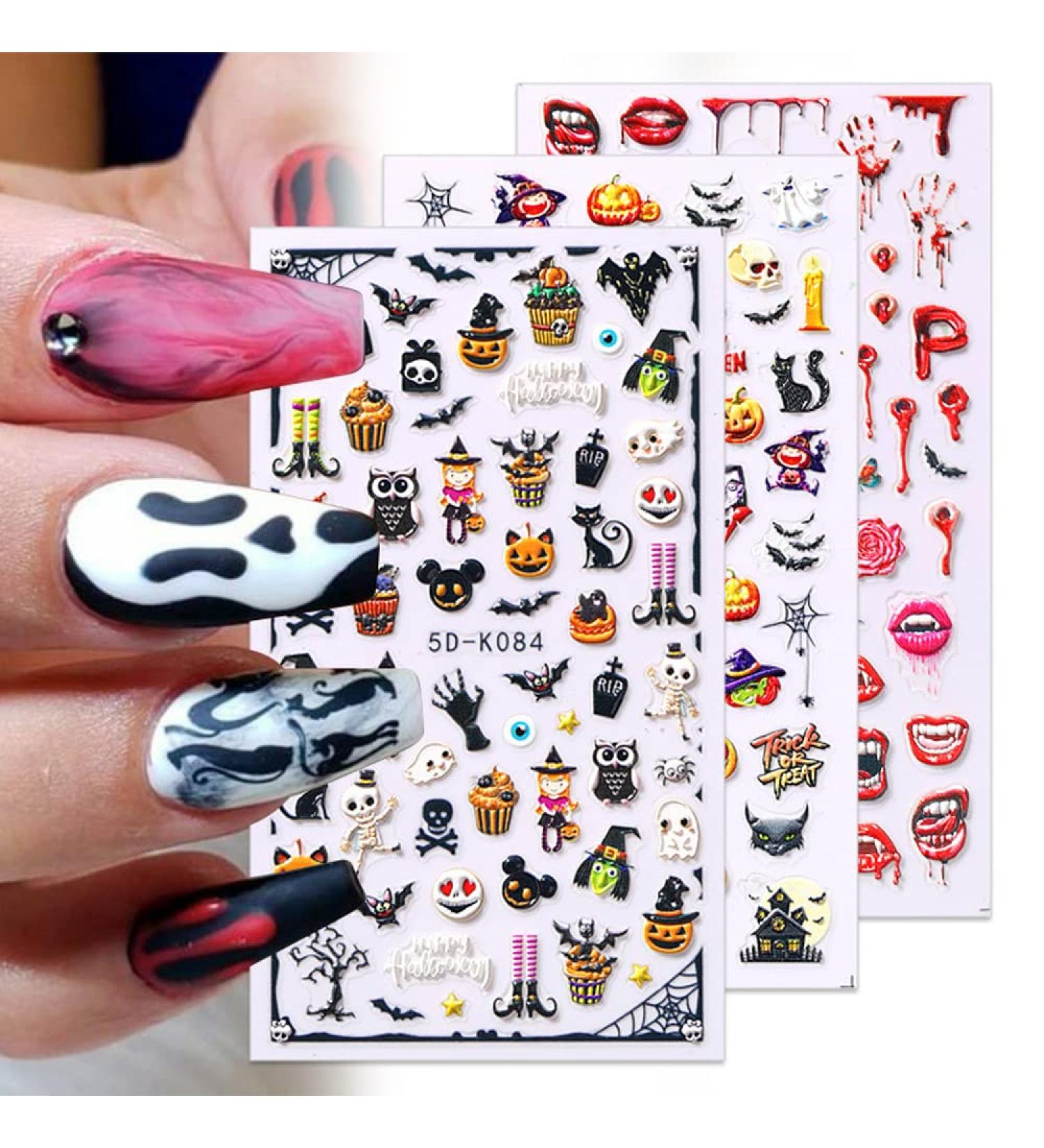 Halloween Nail Art Stickers Xcreando 5D Embossed Nail Decals Design with Skull Bones Ghost Witch Pumpkin Bat Lips Self-Adhesive Thick DIY 3D Nail Art Supplies for Halloween Days Party Cosplay Decorations 5 Sheets - Buy Online on GoSupps.com