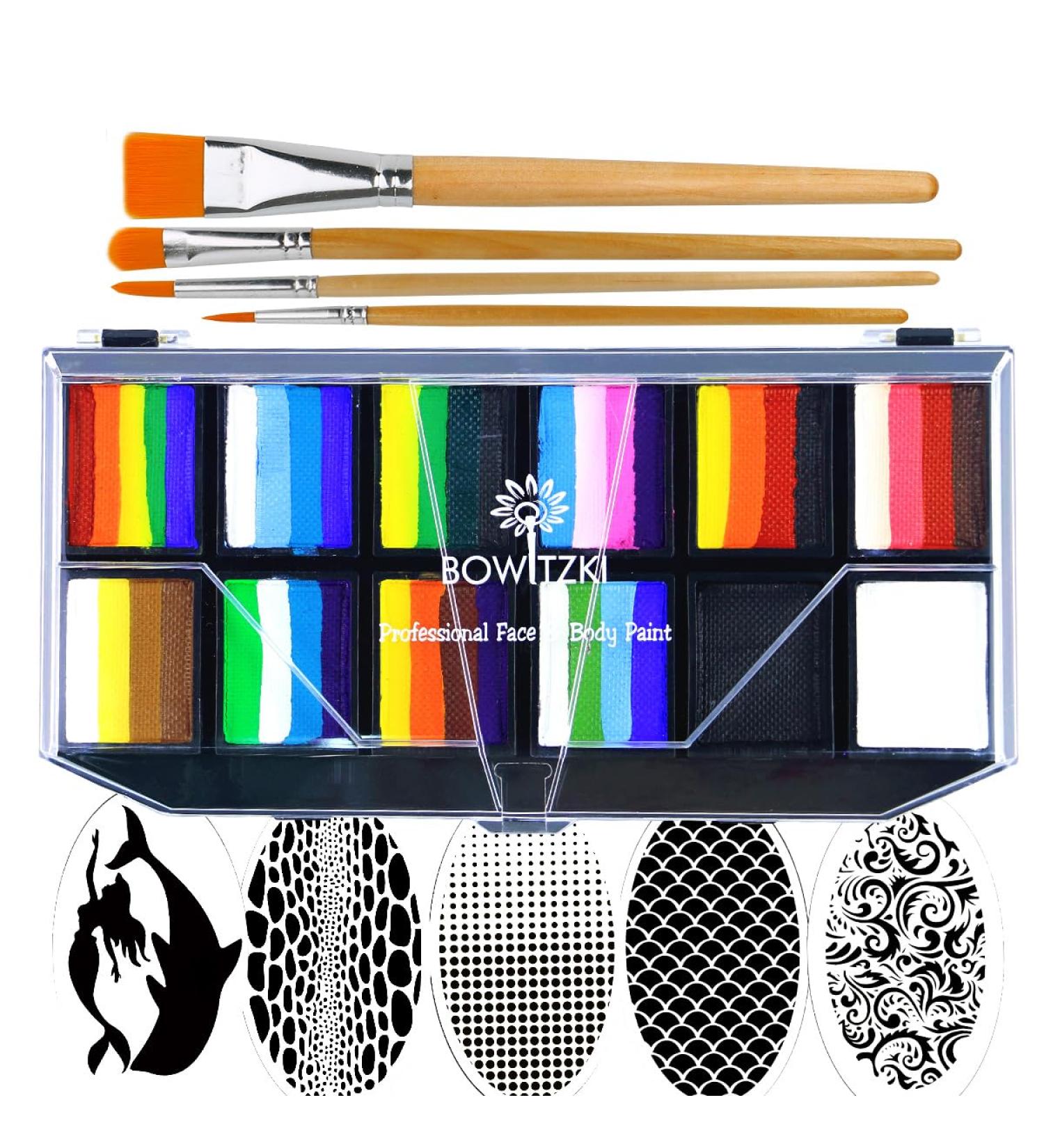 Bowitzki Professional Face Painting Kit For Kids Adults 12x10 gm Face paint Set with Stencil One Stroke Split Cake Non Toxic Rainbow Flora Dolphin Unicorn Flame Body Paint Makeup