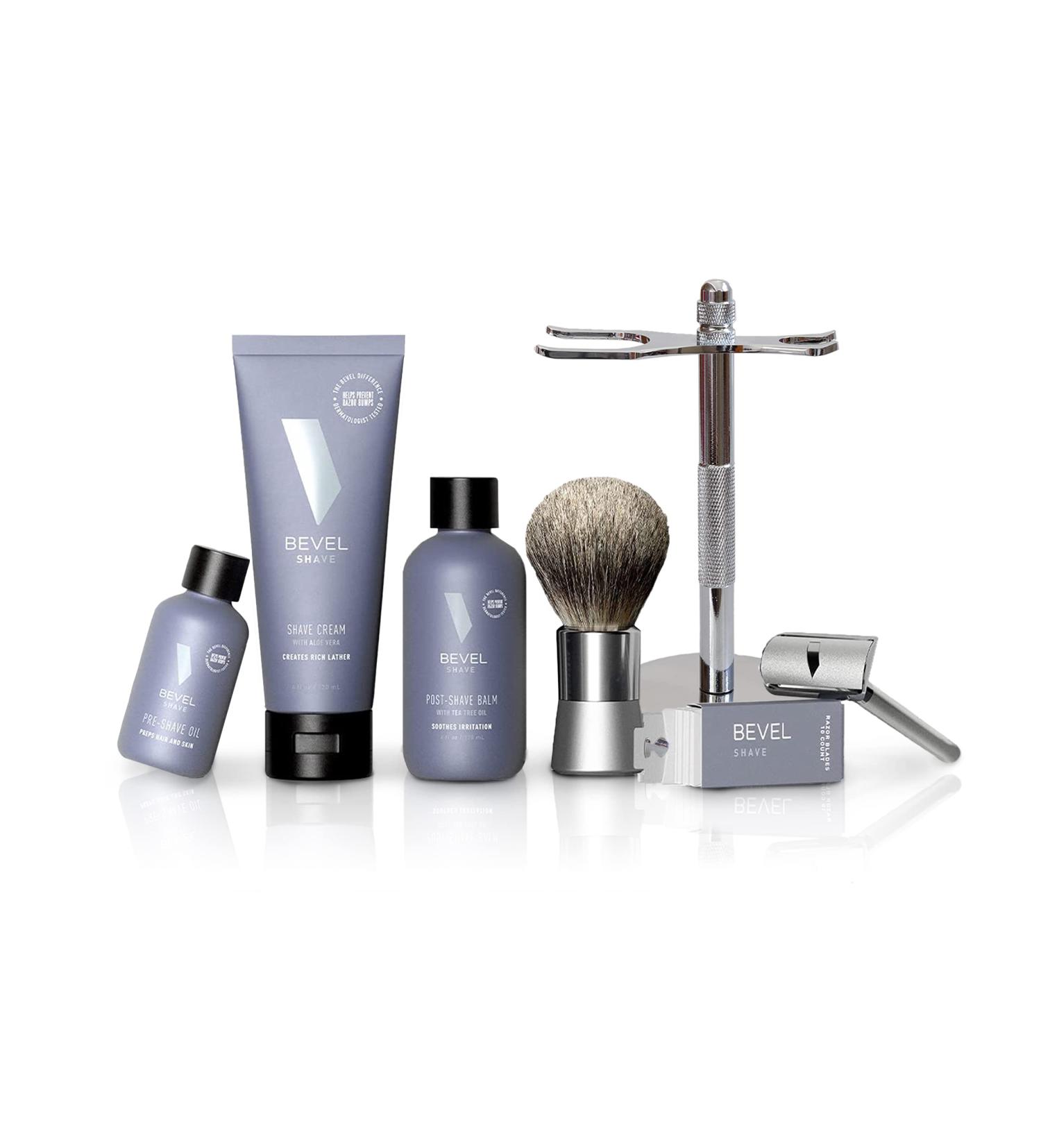 Bevel Men's Starter Shaving Kit with Safety Razor, Shaving Brush, Stand, Cream, Oil, Balm, and 20 Blades - Buy Online on GoSupps.com