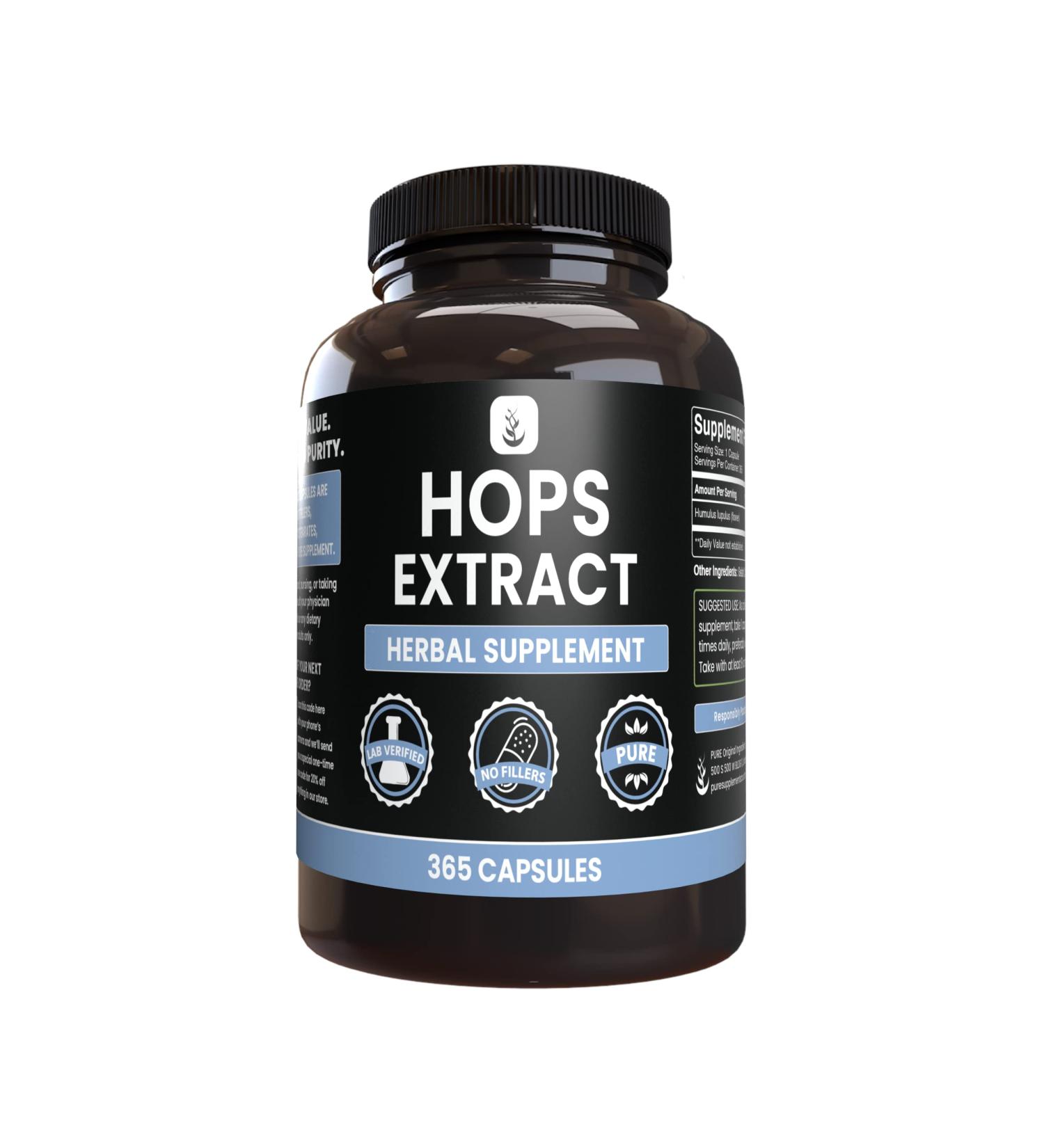 Hops Extract Capsules (365 Count) - Pure Original Ingredients, Lab Verified - No Fillers - Pack of 1 - Buy Online on GoSupps.com