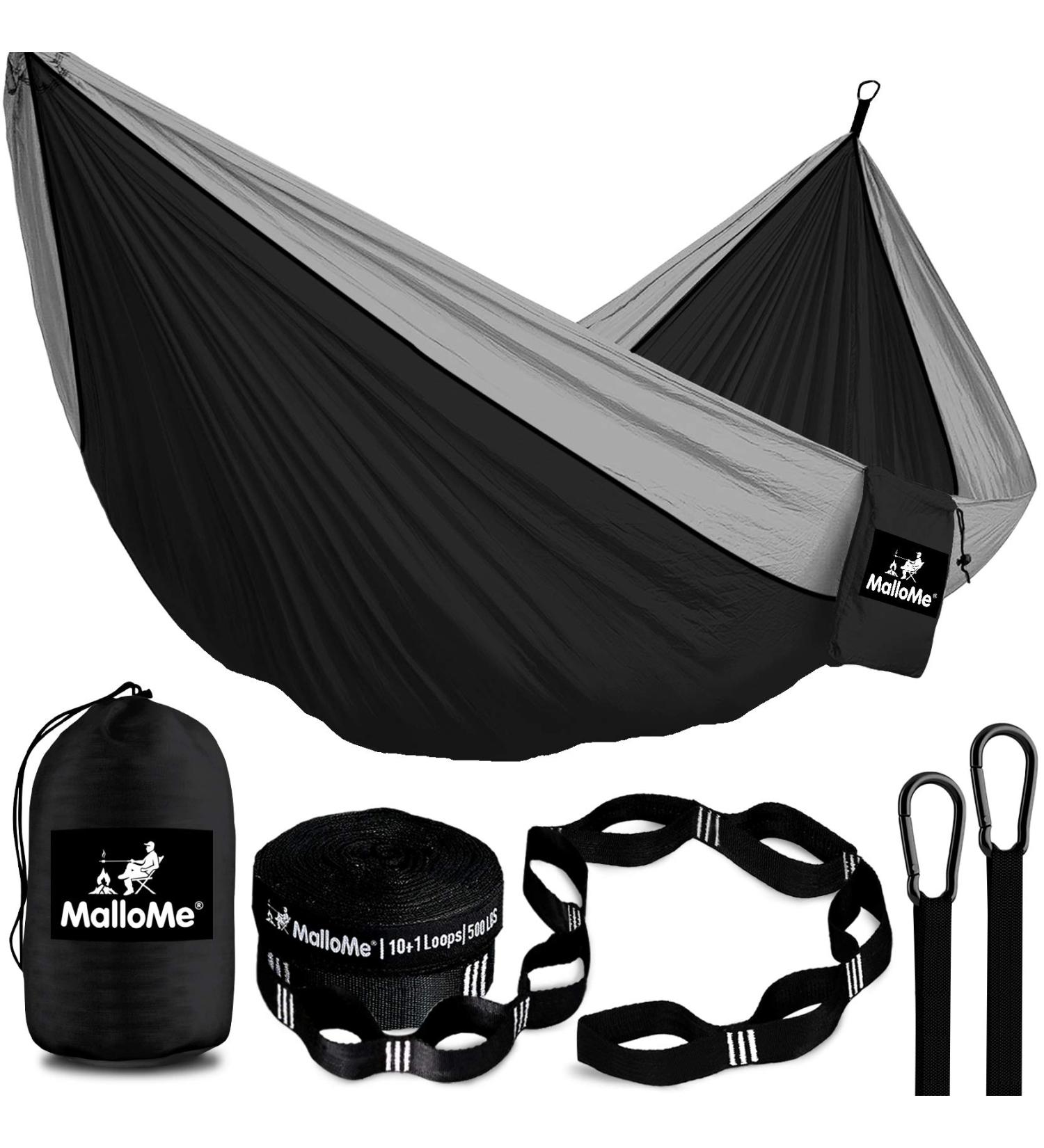 MalloMe Camping Hammock with Straps - Portable Double Hammock for 2 People - Outdoor Tree Hammock in Black/Grey - Ideal for Travel and Camping - Buy Online on GoSupps.com