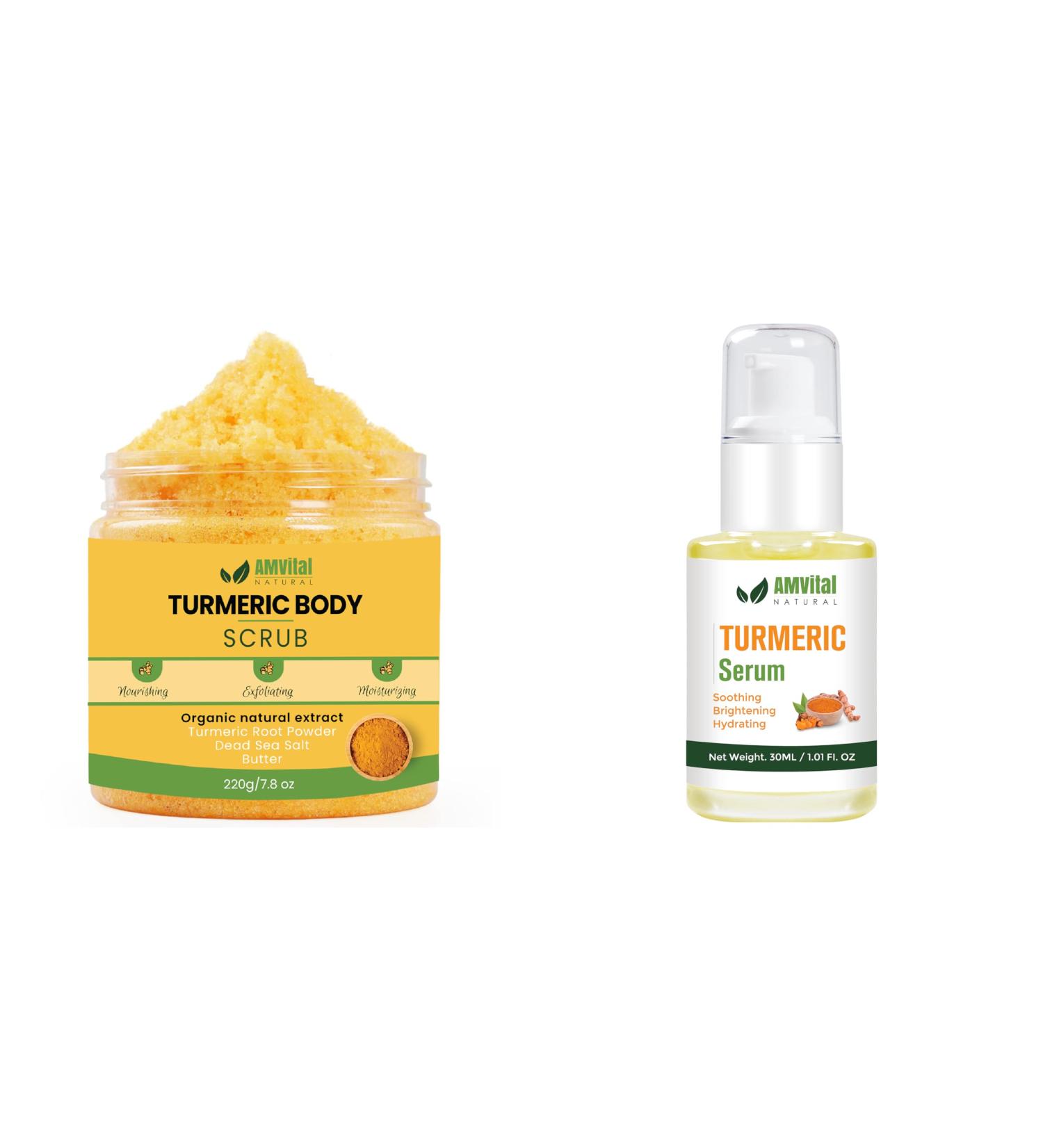 AMVital Turmeric Skincare Bundle: Turmeric Body Scrub (220g) & Turmeric Face Serum (30ml) - Natural Exfoliating and Hydrating Skincare Set - Buy Online on GoSupps.com
