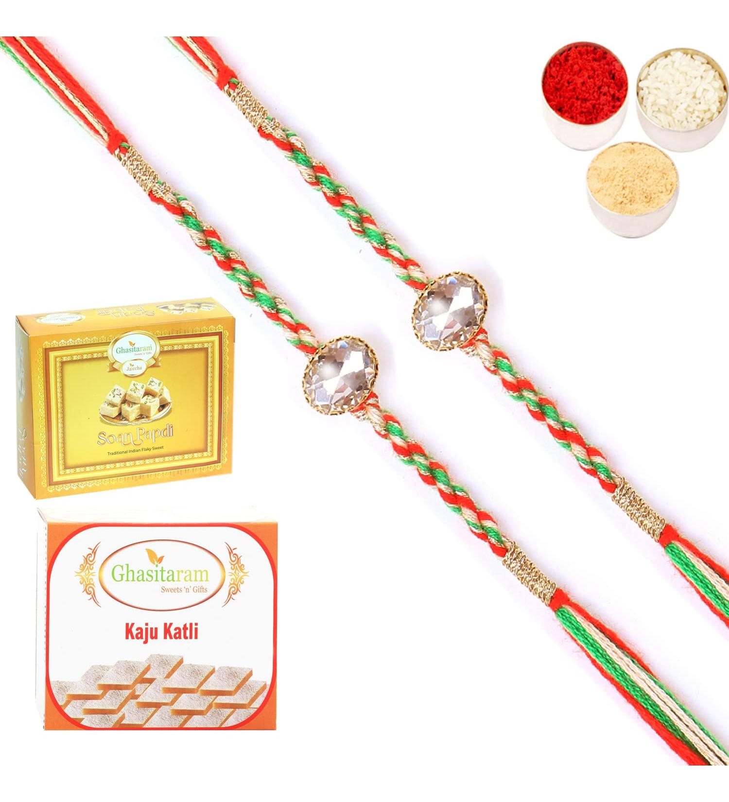 Ghasitaram Gifts Rakhi for Brother Rakhis Online - Set of 2-6377 Fancy Thread Rakhi with 200 GMS of Kaju katli and 200 GMS of Soan Papdi - Buy Online on GoSupps.com
