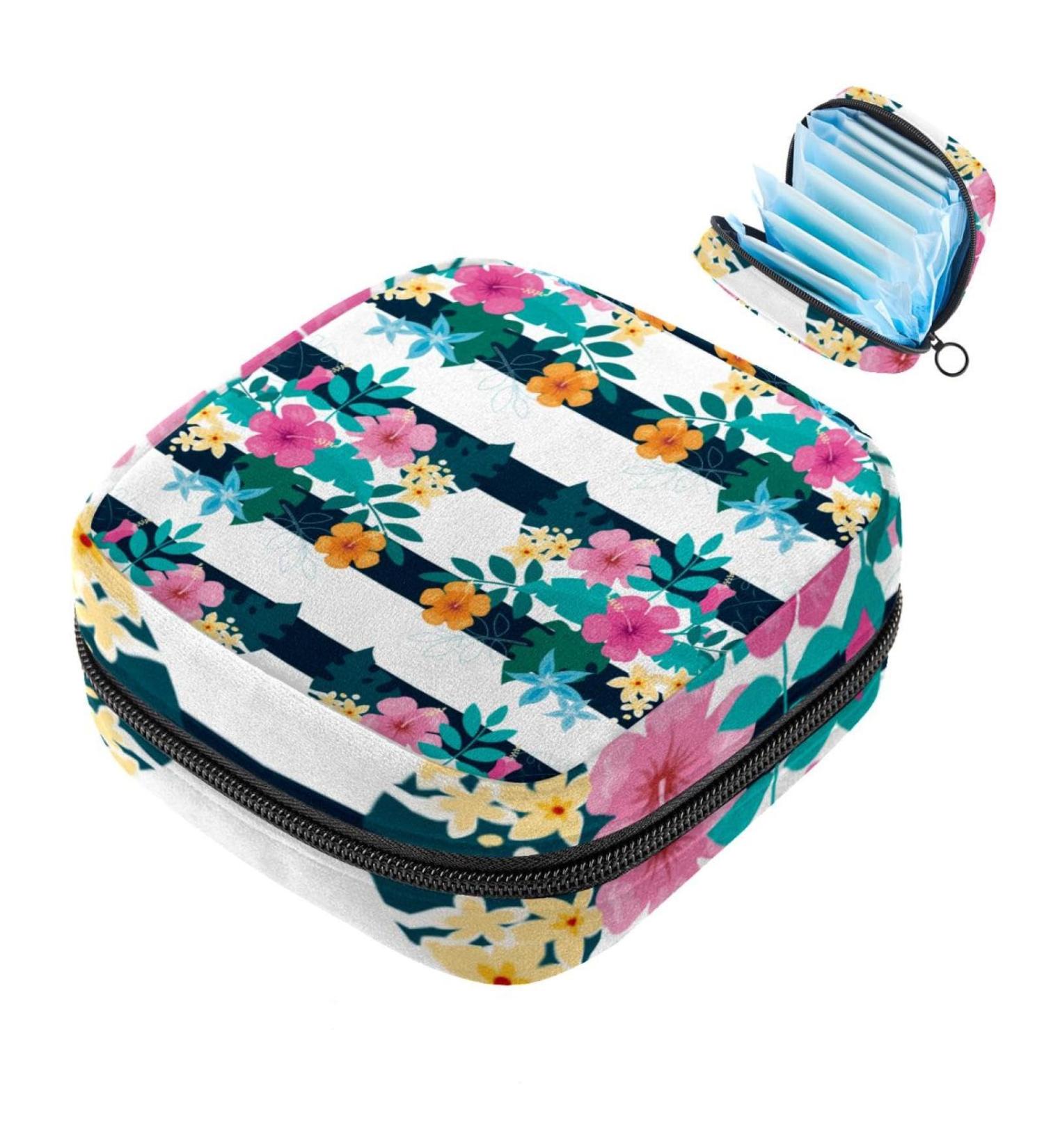Multicolored Storage Bags for Women's Bandages & Menstrual Products Watercolor Flower Patterns & Stripes | Portable Organizers for School & Office - Buy Online on GoSupps.com