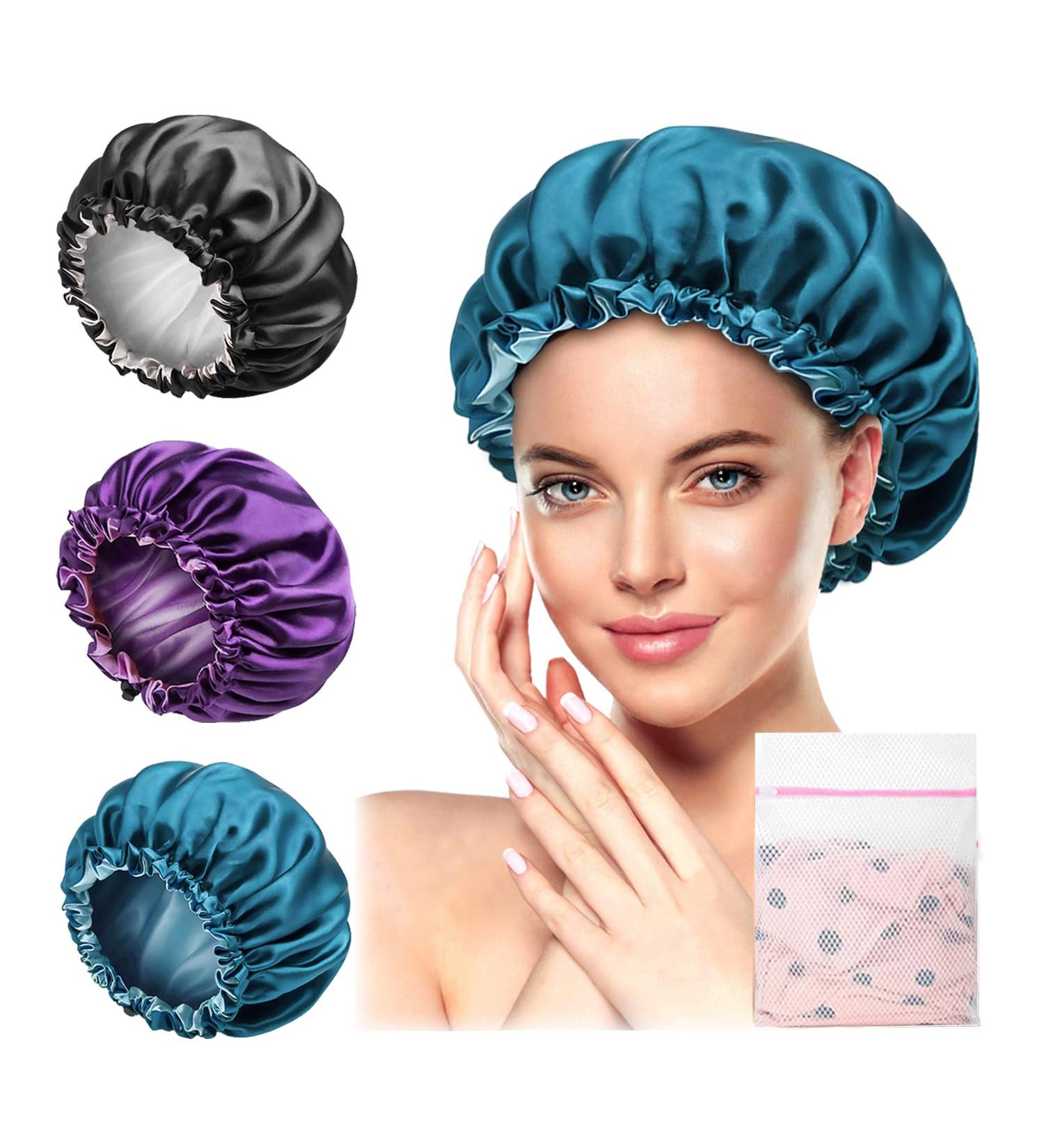 EpoBob Satin Bonnet for Sleeping - 3 Pcs Set, Adjustable Size, Double-Sided Design - Black Purple Blue - Buy Online on GoSupps.com