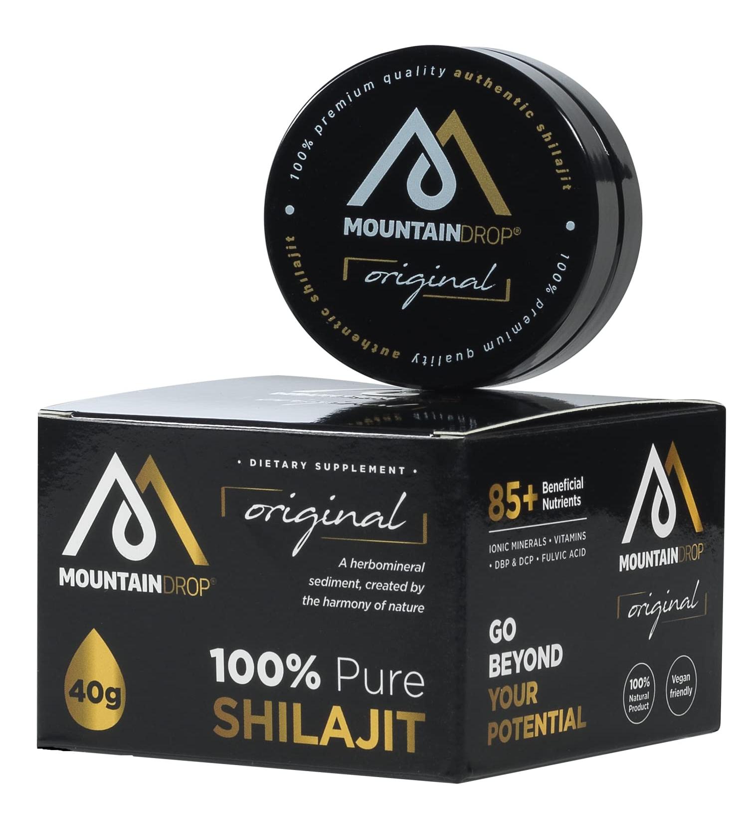 MountainDrop 100% Pure Natural Shilajit Resin | Harvested at 3000m Altitude | 85 Beneficial Ingredients | 53 DBP & DCP | 18+ Amino & Fulvic Acids | Supports Physical, Mental & Emotional Functions | Ionic Absorption | 40g - Buy Online on GoSupps.com