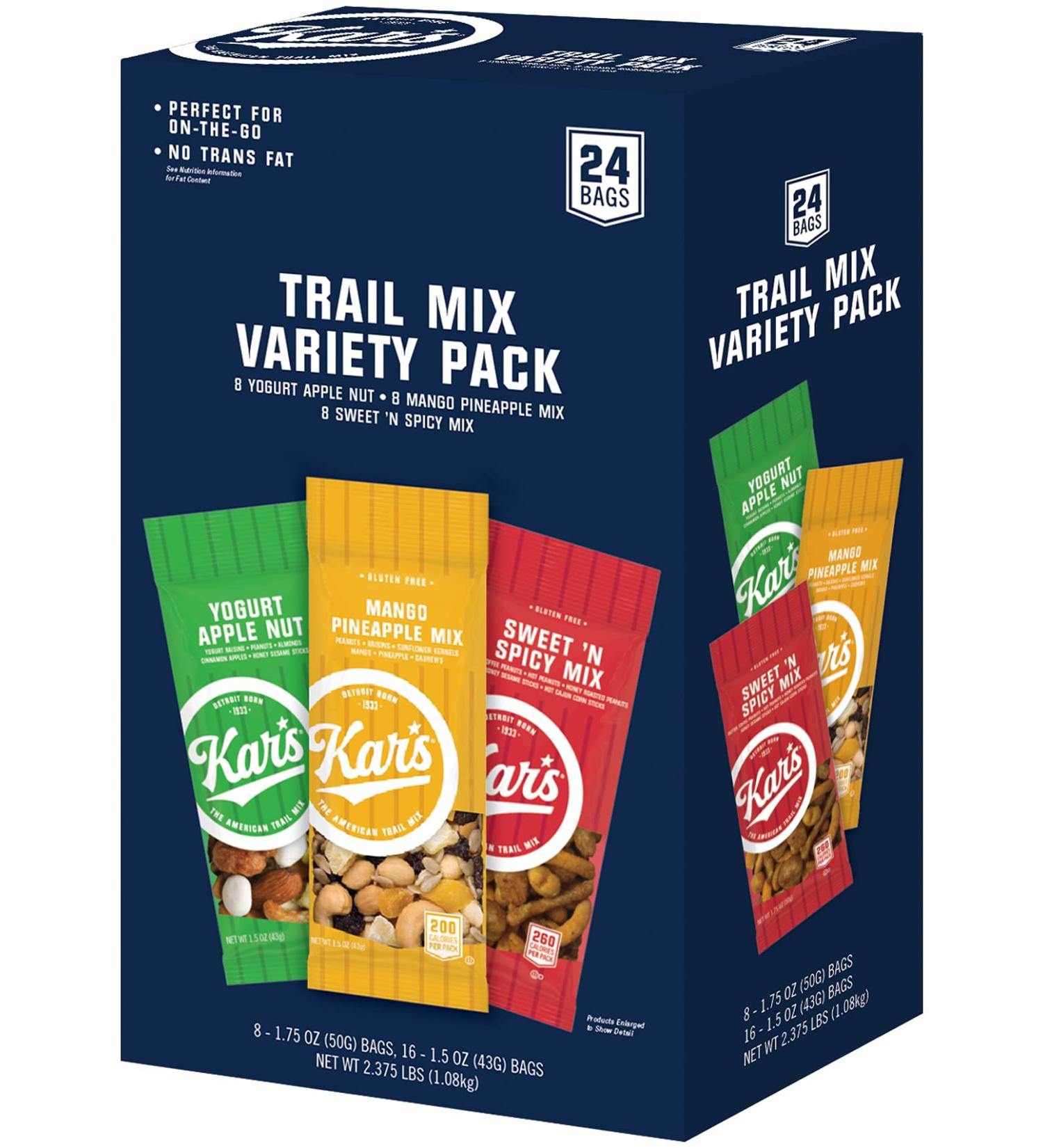 Kar's Nuts Variety Pack Trail Mix Snacks - Sweet 'N Spicy, Yogurt Apple Nut, Mango Pineapple Mix - Individual Packs (Pack of 24) - Buy Online on GoSupps.com