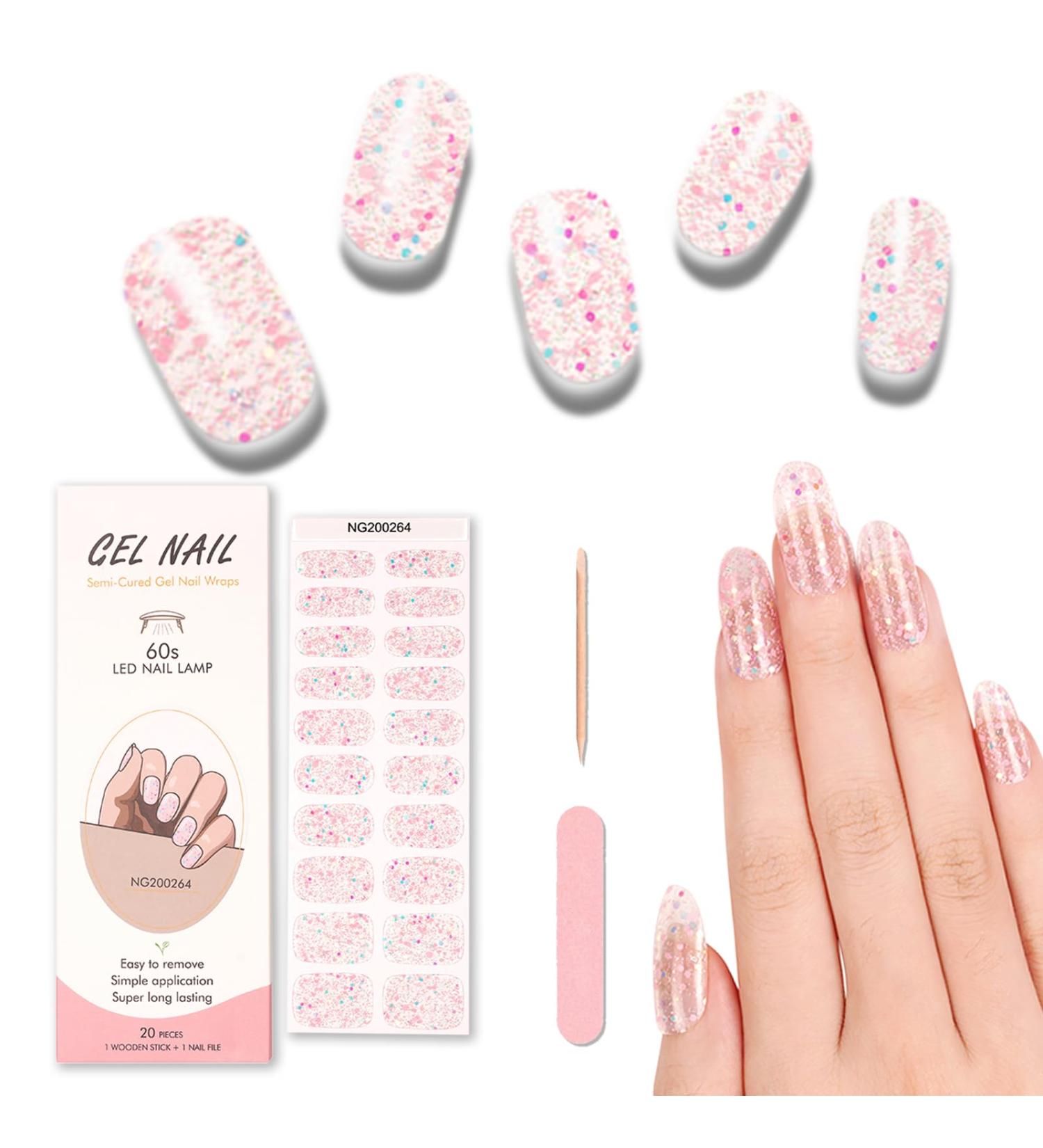 Semi Cured Gel Nail Strips (20 pcs) - Salon-Quality Manicure Set in Shiny Pink - Long Lasting & Easy to Apply/Remove - Includes Nail File & Cuticle Stick - Buy Online on GoSupps.com