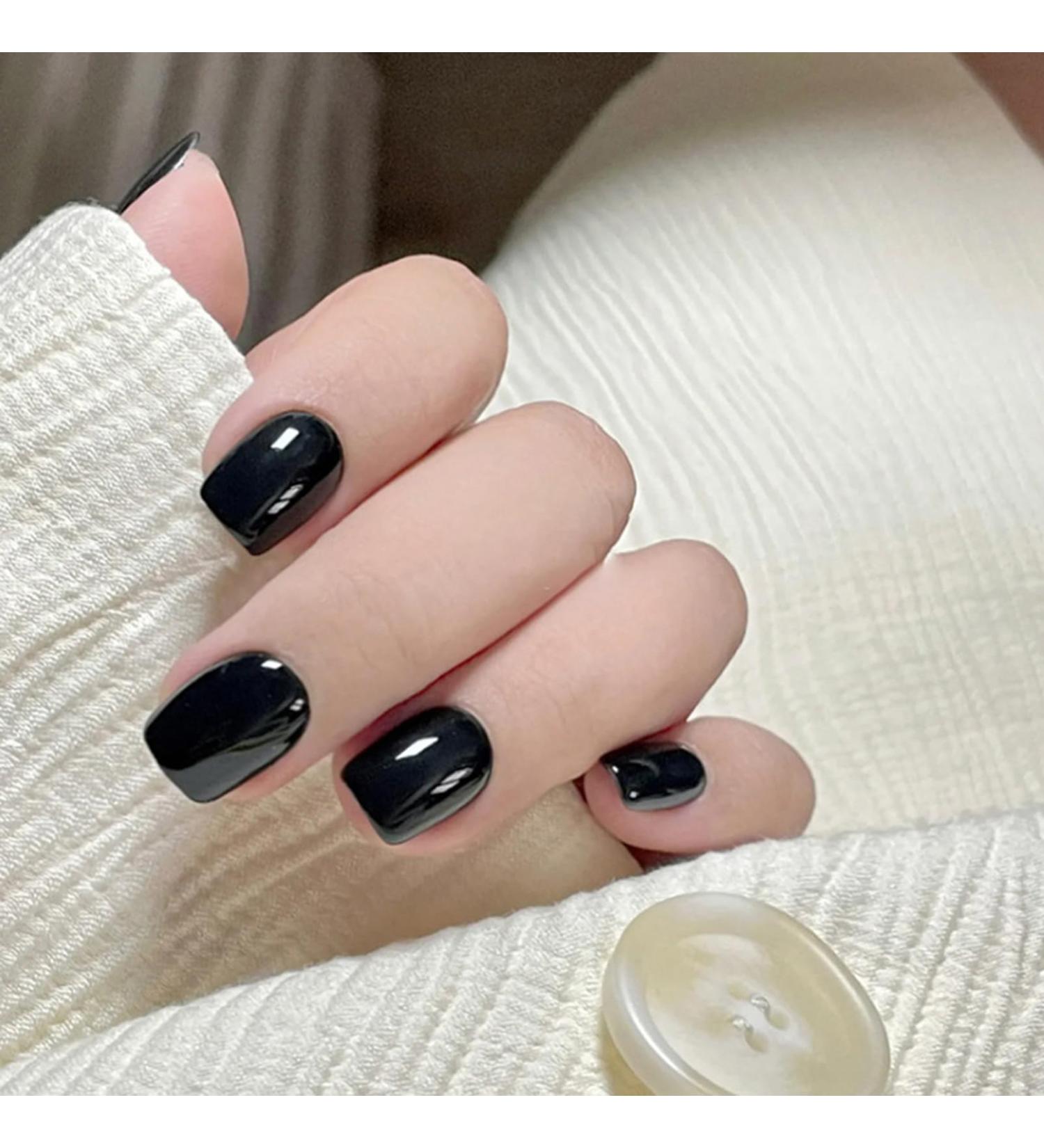 DMQ Short False Nails 24Pcs Black Fake Nails Square Press on Nails Glossy Full Cover Acrylic Stick on Nails French Nail Tips with Nail Glue for Women Girls Nails Art Black Short - Buy Online on GoSupps.com