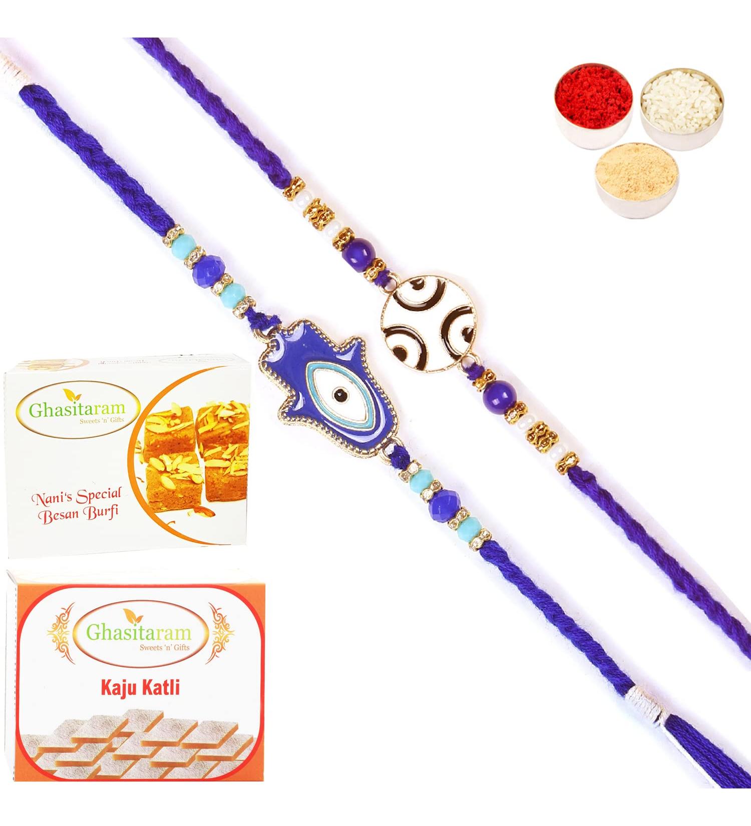 Ghasitaram Gifts Rakhi for Brother Rakhis Online - Set of 2 8928 8931 Fancy Evil Eye Rakhis with 200 GMS of Besan Barfi and 200 GMS of Kaju Katli - Buy Online on GoSupps.com