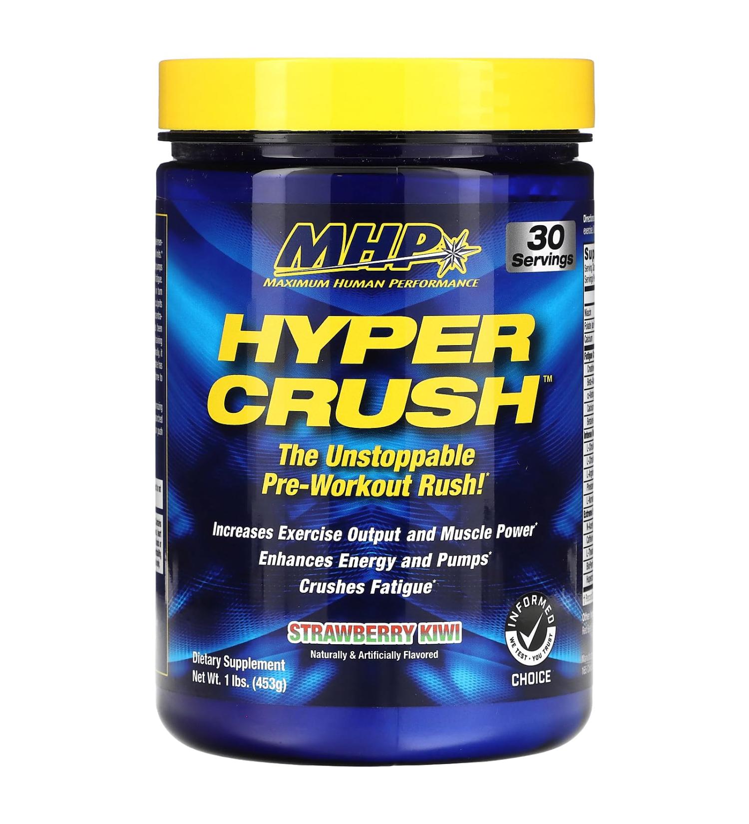 Maximum Human Performance Hyper Crush Pre Workout Powder Increases Energy Muscle Pumps Power Fights Fatigue creatine beta Alanine Nitric Oxide citrulline AKG Strawberry Kiwi 30 Servings