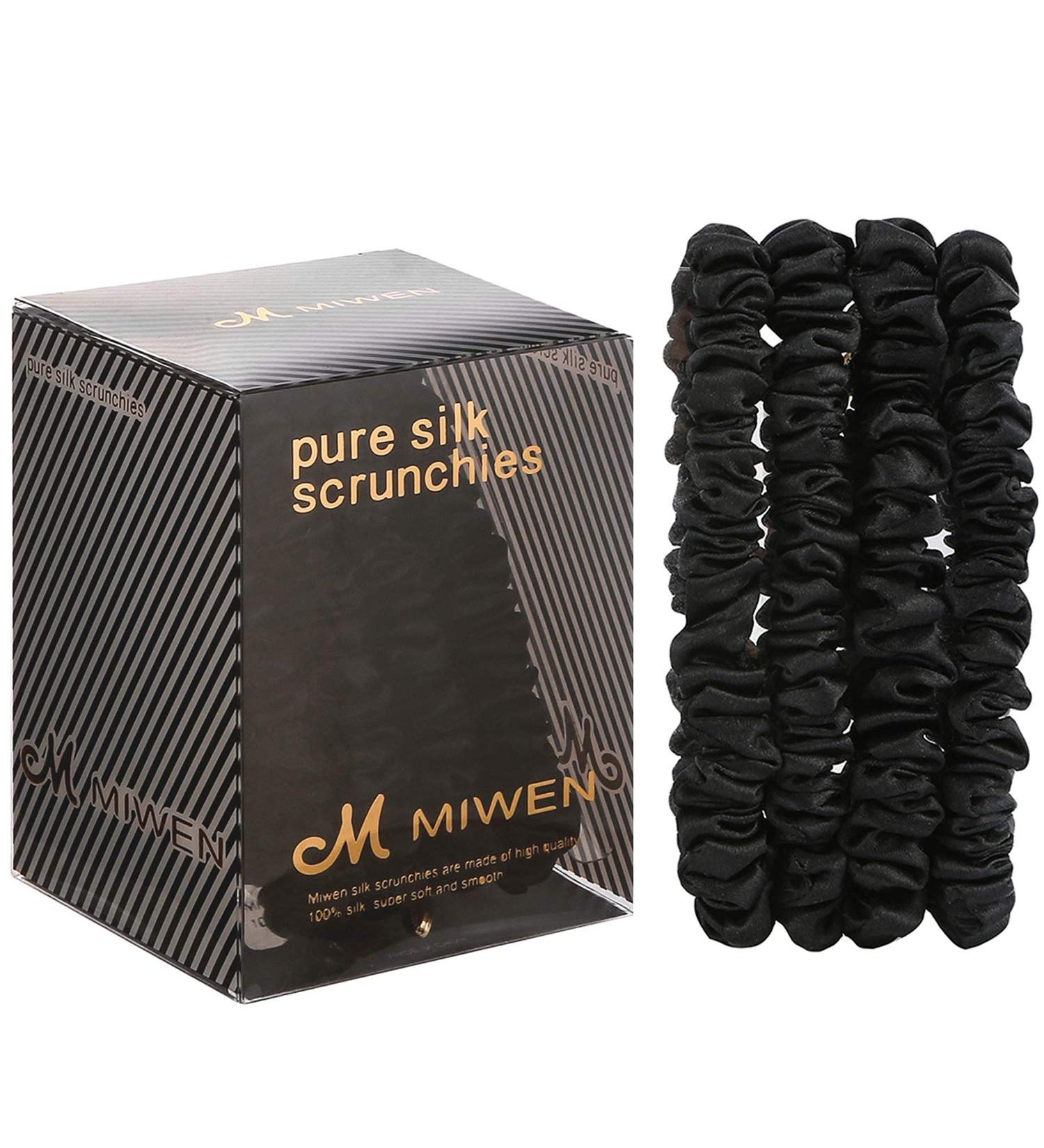 Miwen Silk Scrunchies for Women Small Black - 4 Pack 22 Momme Pure Mulberry Silk Hair Ties - Soft, Shiny, Less Breakage - Ponytail and Hair Sleep Accessories - Buy Online on GoSupps.com