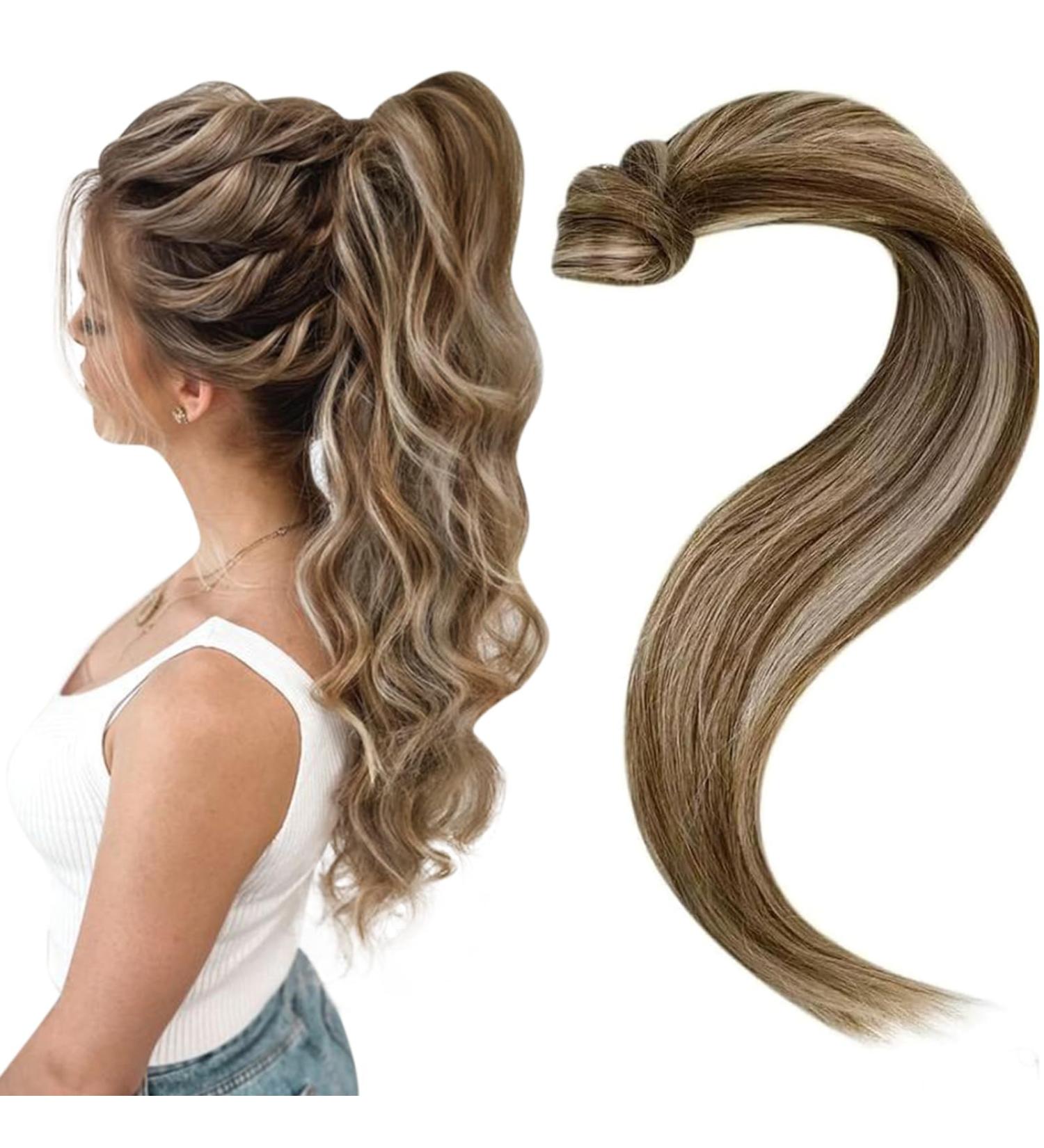 Easyouth Human Hair Ponytail Extensions - Medium Brown Mixed Honey Blonde 18 Inch 80g - 4-Pony #4P27 - Buy Online on GoSupps.com