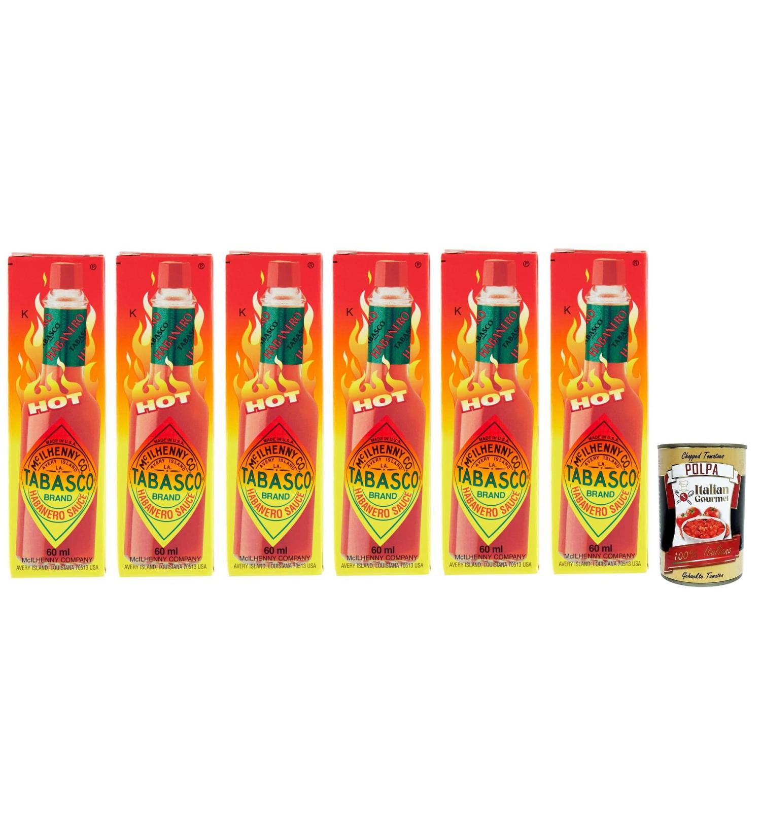  Italian Gourmet E.R. Set of 6 Tabasco Habanero sauces - For the hottest Tabasco sauces Habanero peppers are processed - 60 ml + Italian Gourmet Polpa di Pomodoro 400 g - Buy Online on GoSupps.com