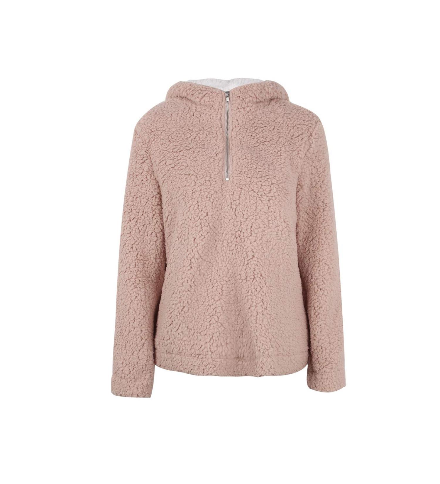 Bigfanshu Women's Dresses Autumn and Winter New Plush Long-Sleeved Hooded Zipper Blouse Pink - Buy Online on GoSupps.com