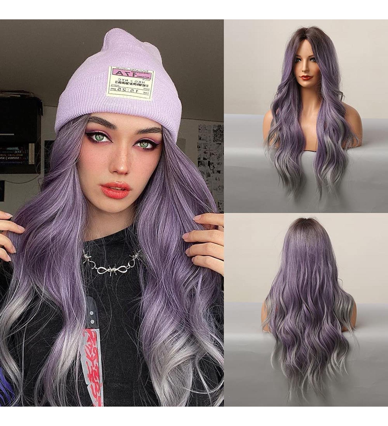 Esmee Ombre Purple to Gray Wigs for Women | Heat-Resistant Synthetic Long Wavy Hair for Daily Wear Parties & Cosplay - Buy Online on GoSupps.com
