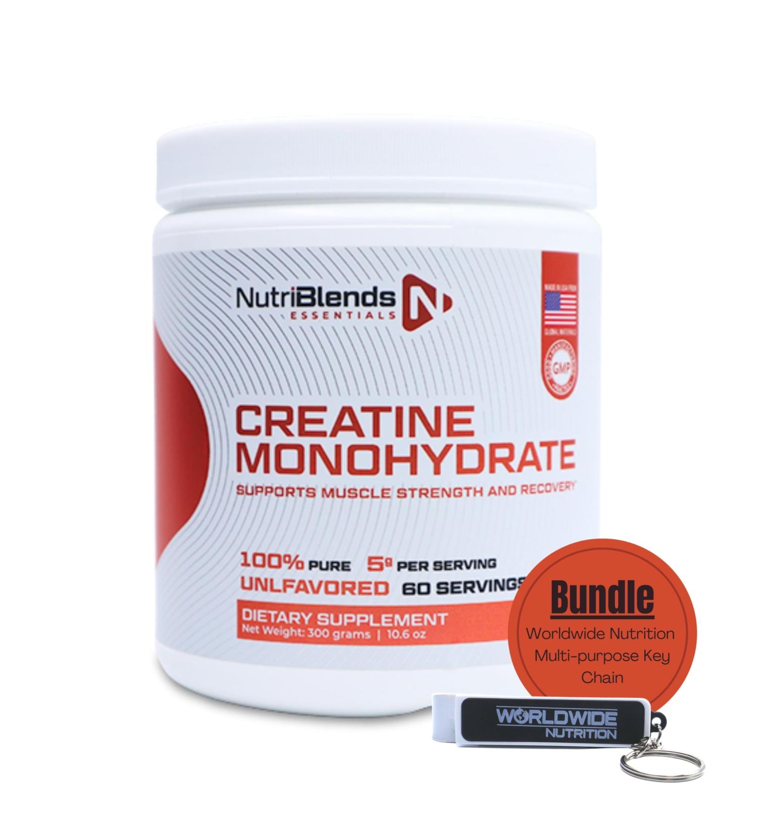 Buy NutriBlends Creatine Monohydrate Powder - 100% Pure Unflavored Vegan Keto Friendly - 300g Worldwide Nutrition Bundle with Multi-Purpose Key Chain - Buy Online on GoSupps.com