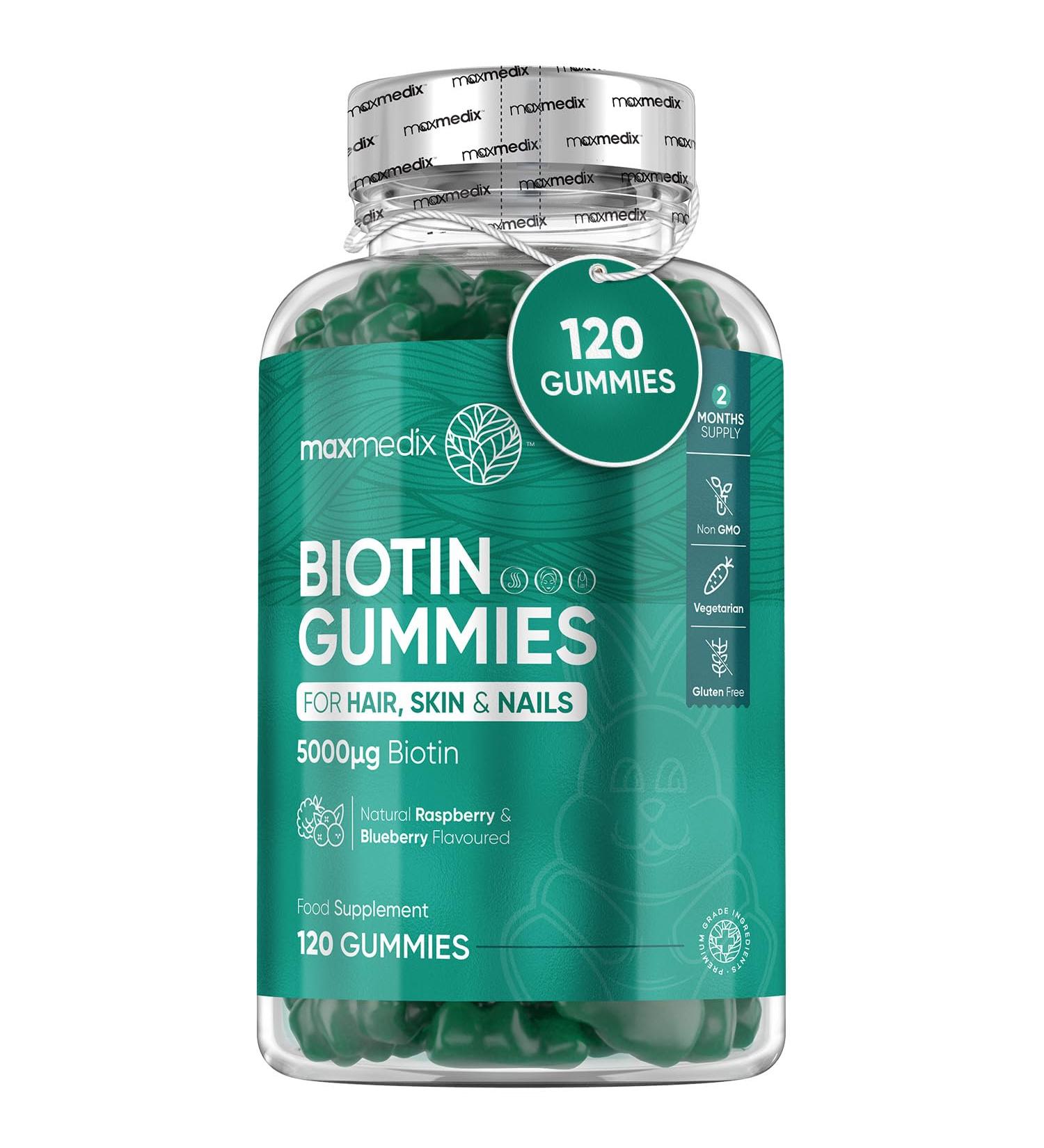 Biotin Gummies 5000mcg with Vitamins A, B, C, D, E & Selenium - 120 Berry Flavoured Hair, Skin, and Nail Vitamins - Lab-Tested Biotin Hair Growth Gummies - Buy Online on GoSupps.com