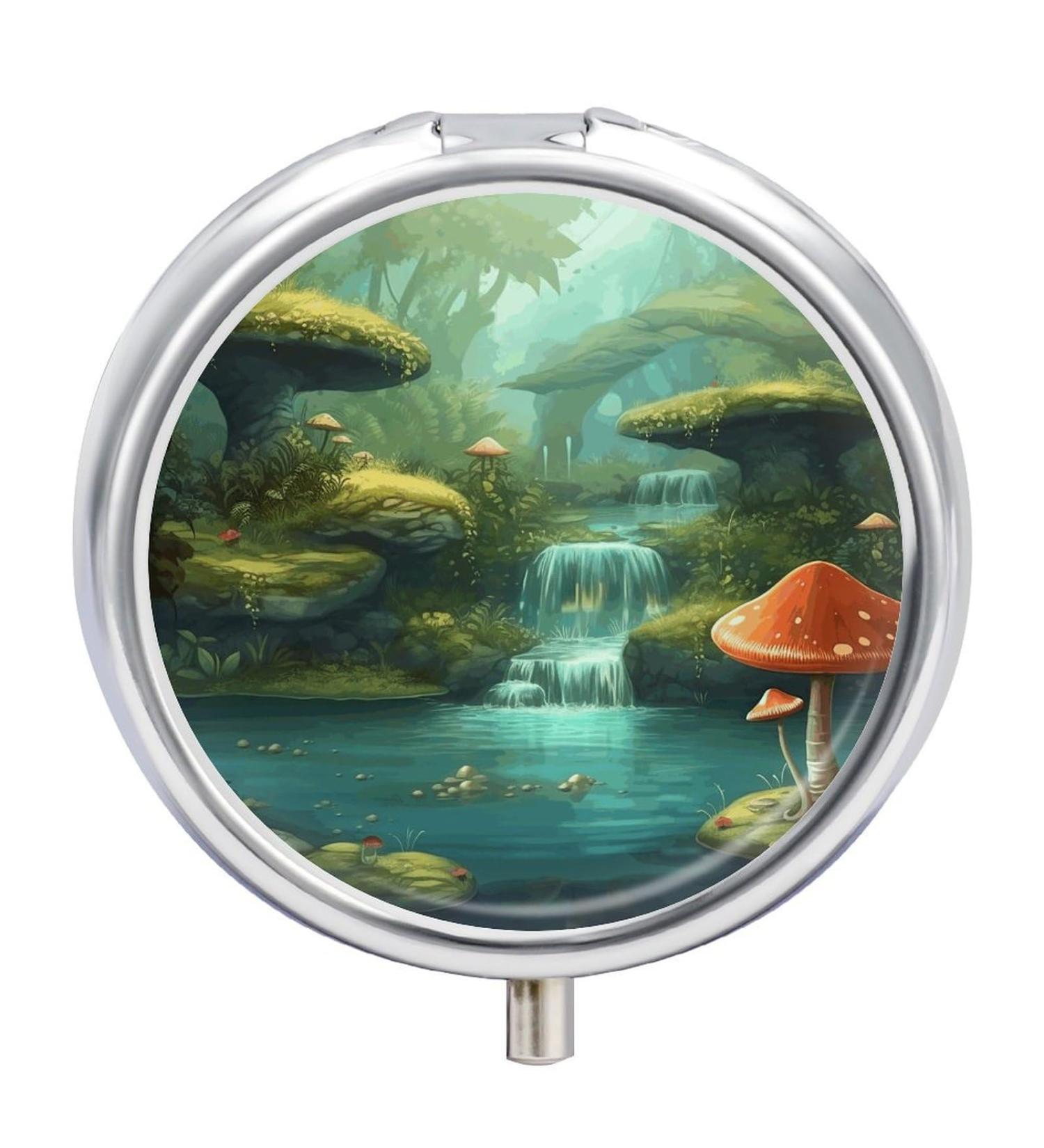 Fantasy River Pond Fishes Round Pill Box | 3 Compartment Portable Organizer | Decorative Metal Medicine Case - Buy Online on GoSupps.com