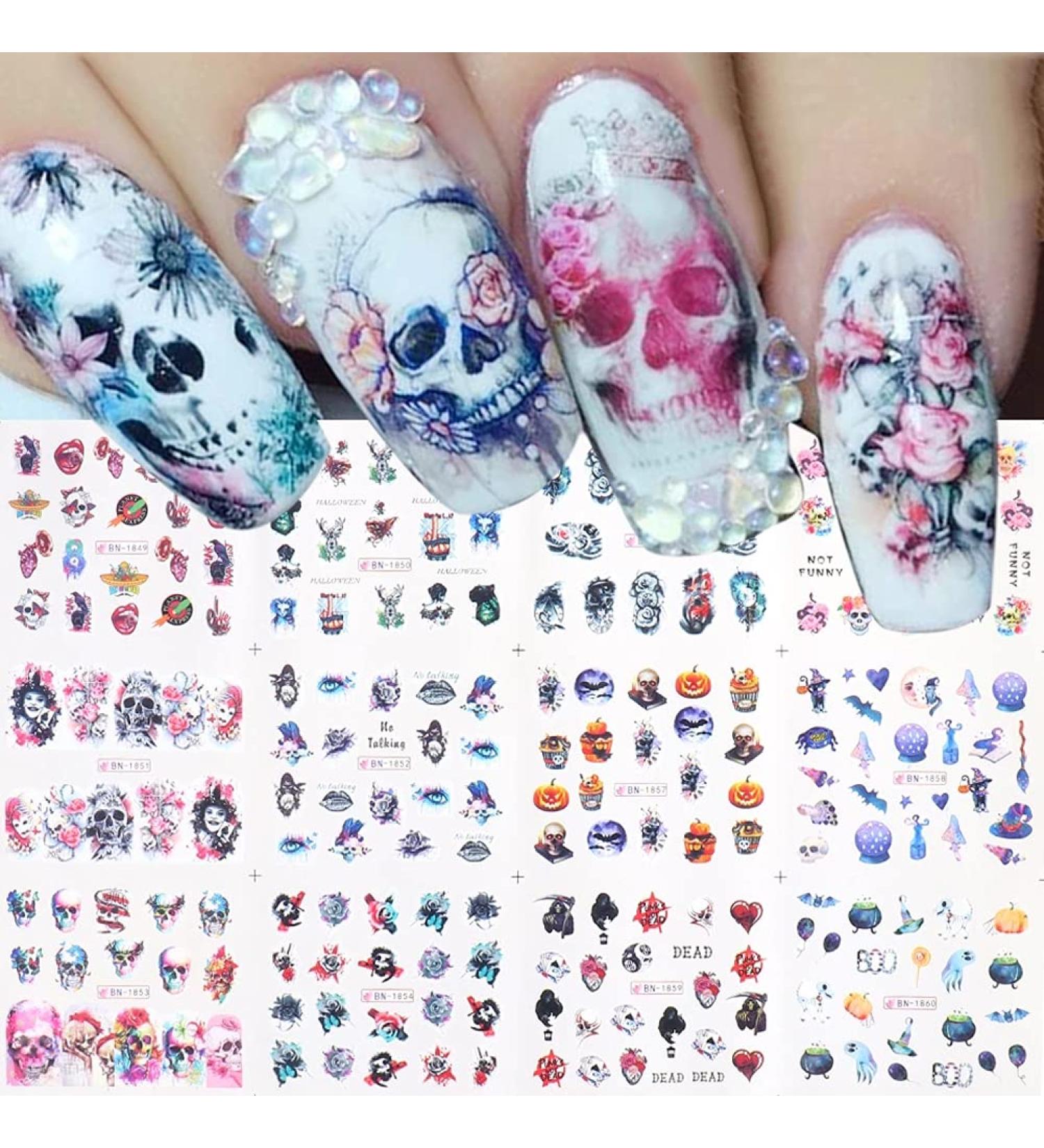 Skull Nail Stickers Halloween Water Decals Foil Transfer Designer Art Supplies - 12pcs Design 4 - Buy Online on GoSupps.com