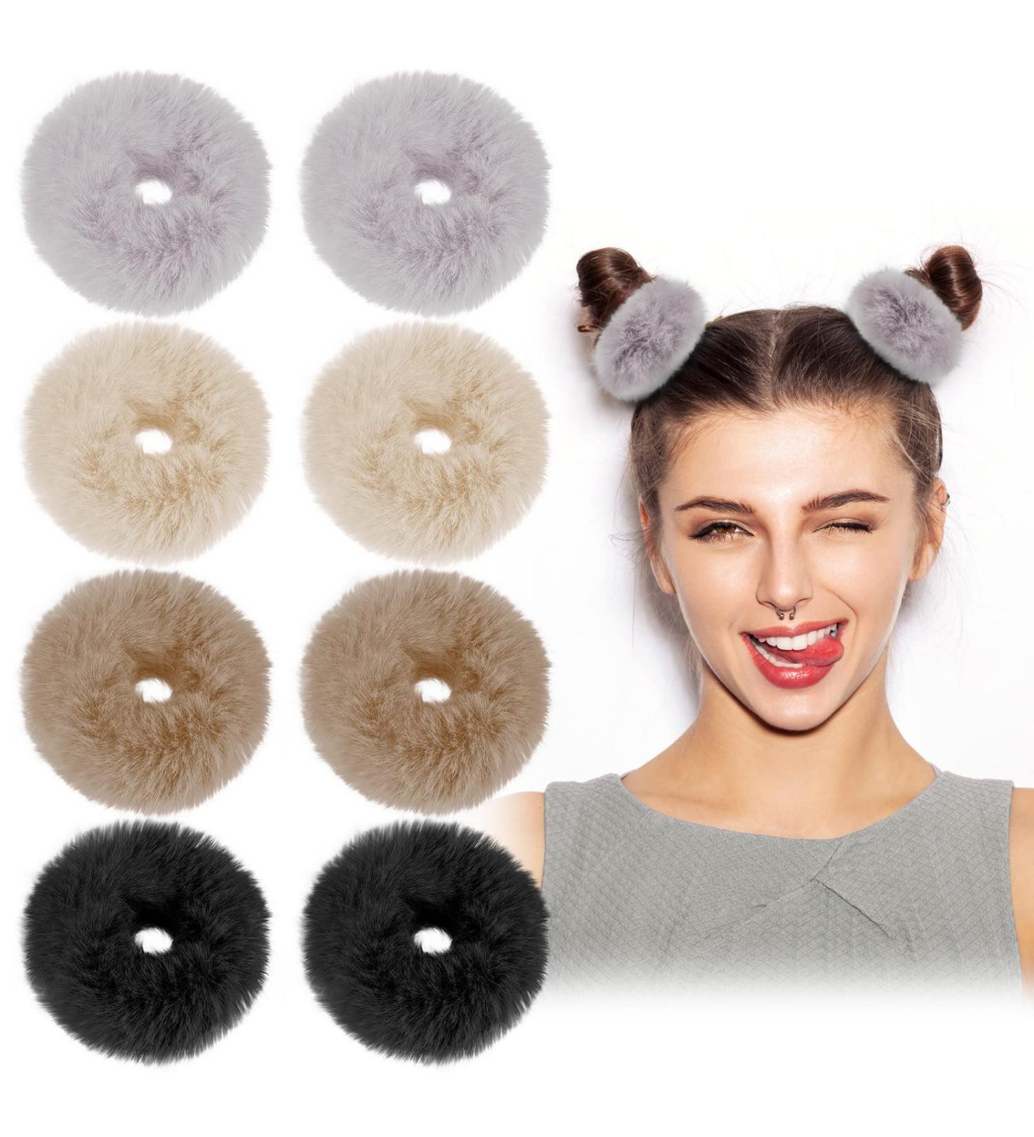 8-Piece Furry Faux Rabbit Fur Hair Scrunchies Set - Dark Color | Elastic Hair Bands for Women and Girls - Buy Online on GoSupps.com