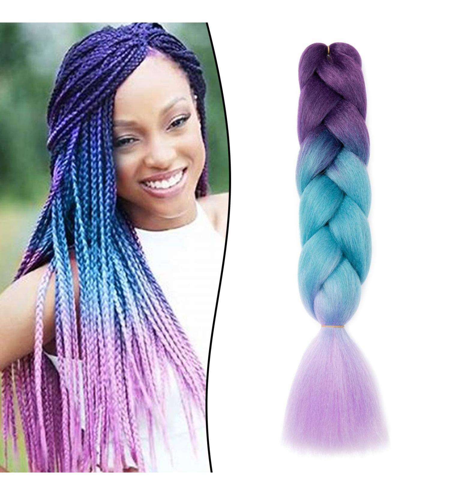 Gairyan Jumbo Braids Extensions - 100g 60cm Ombre Synthetic Braid Hair for Box Crochet - Purple Lake Blue & Light Purple - Buy Online on GoSupps.com