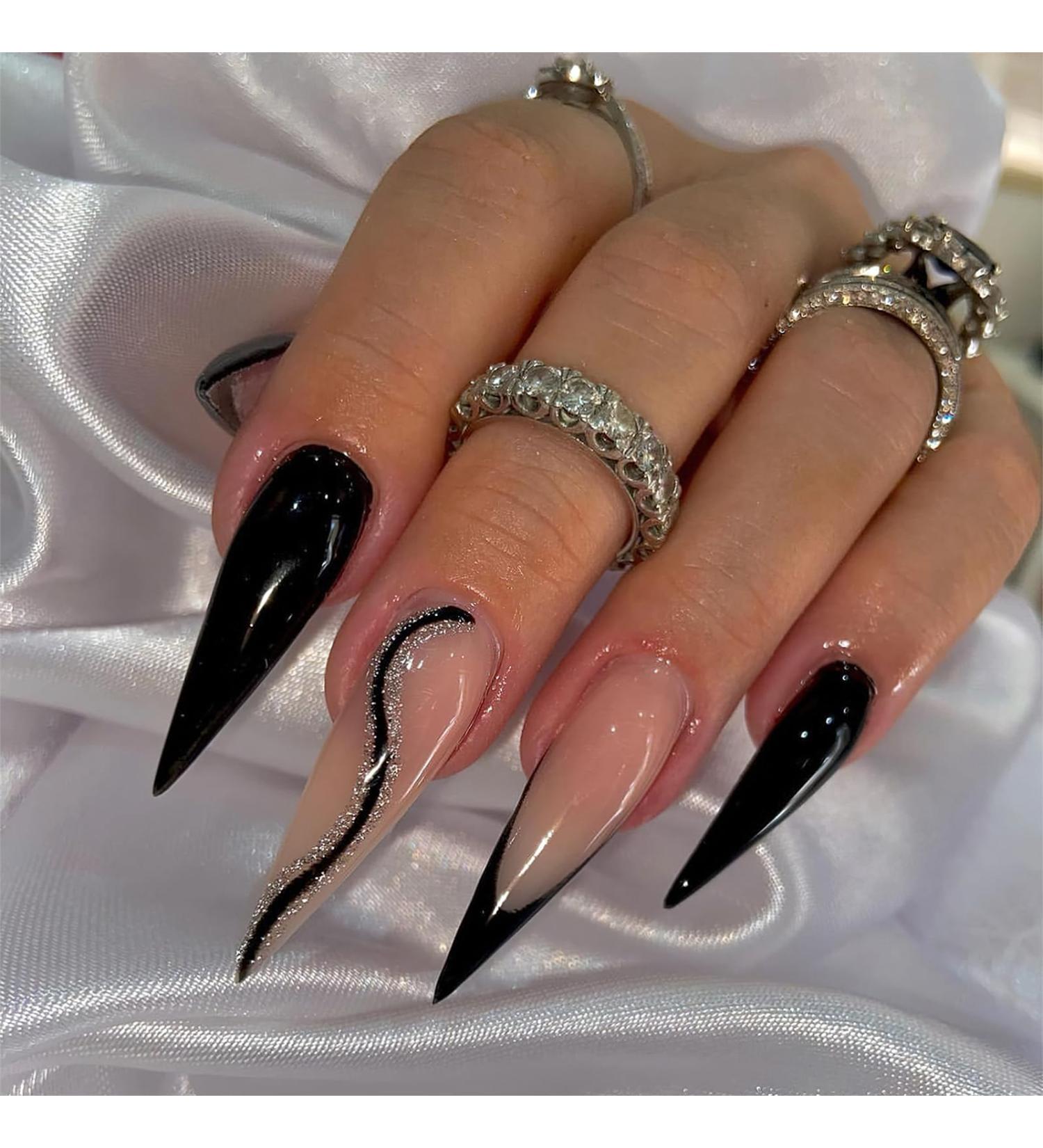 Luxury Black French Tip Press on Nails - Long Stiletto Coffin Fake Nails with Glitter Lines - 24pcs Full Cover Manicure for Women & Girls - Buy Online on GoSupps.com
